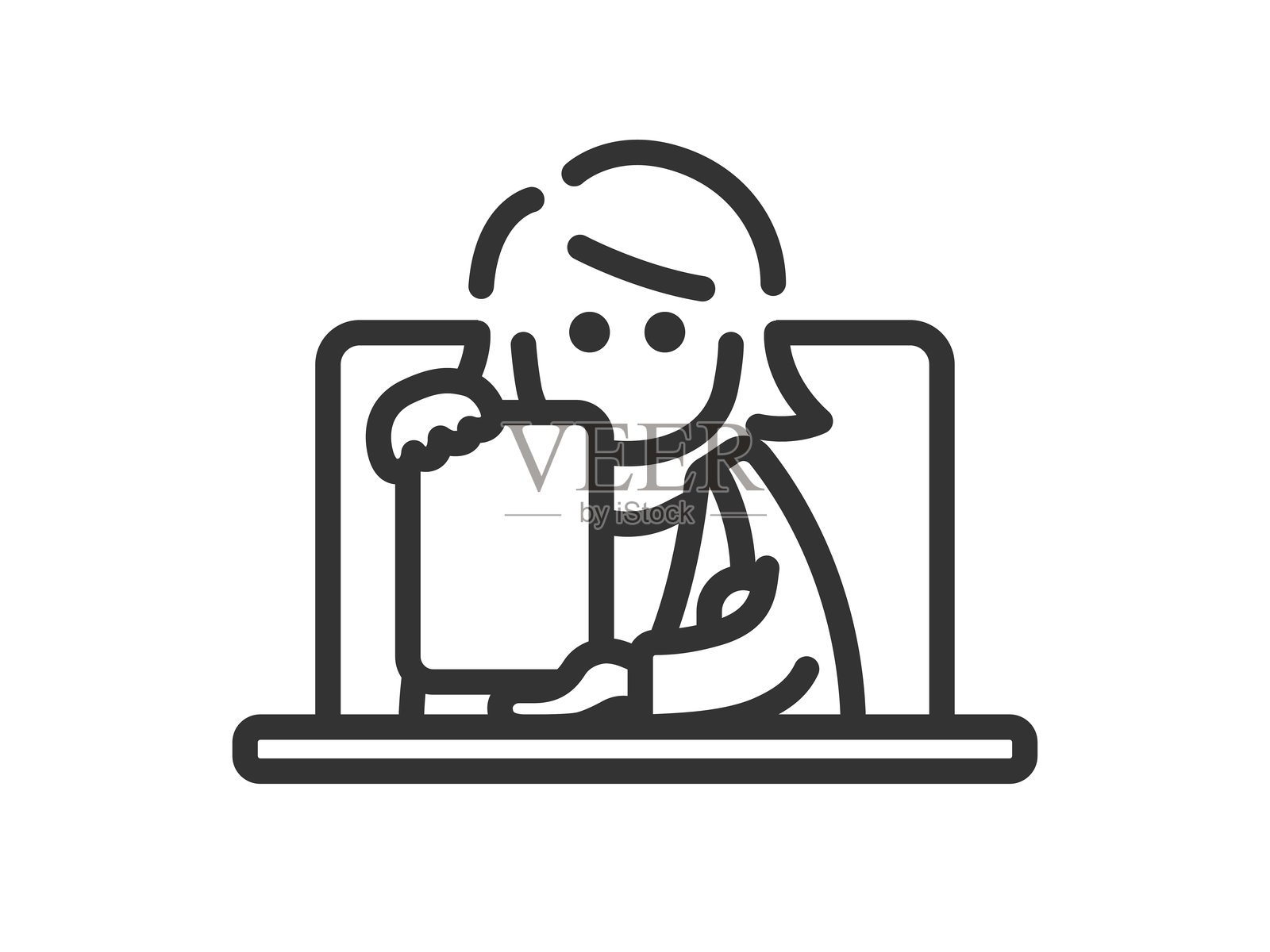 女性医生图标插图（线条画），在电脑上展示平板屏幕进行在线医疗治疗。插画图片素材