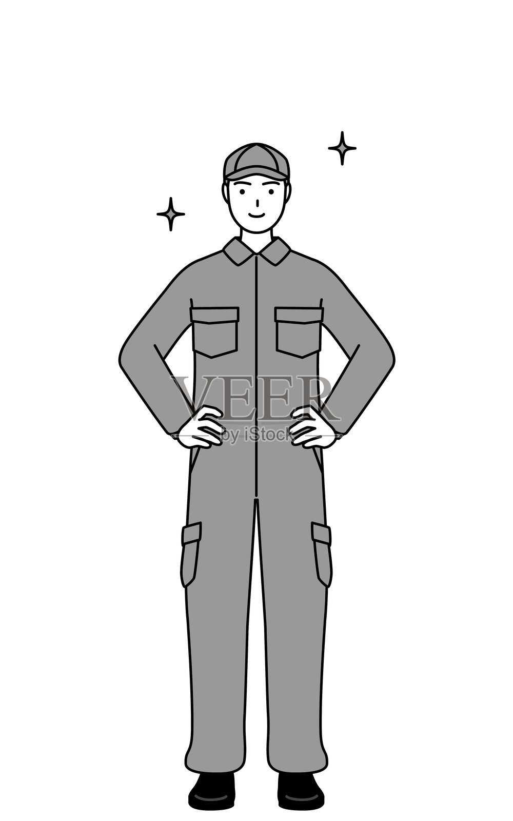 穿着工作服的机械师双手叉腰。插画图片素材