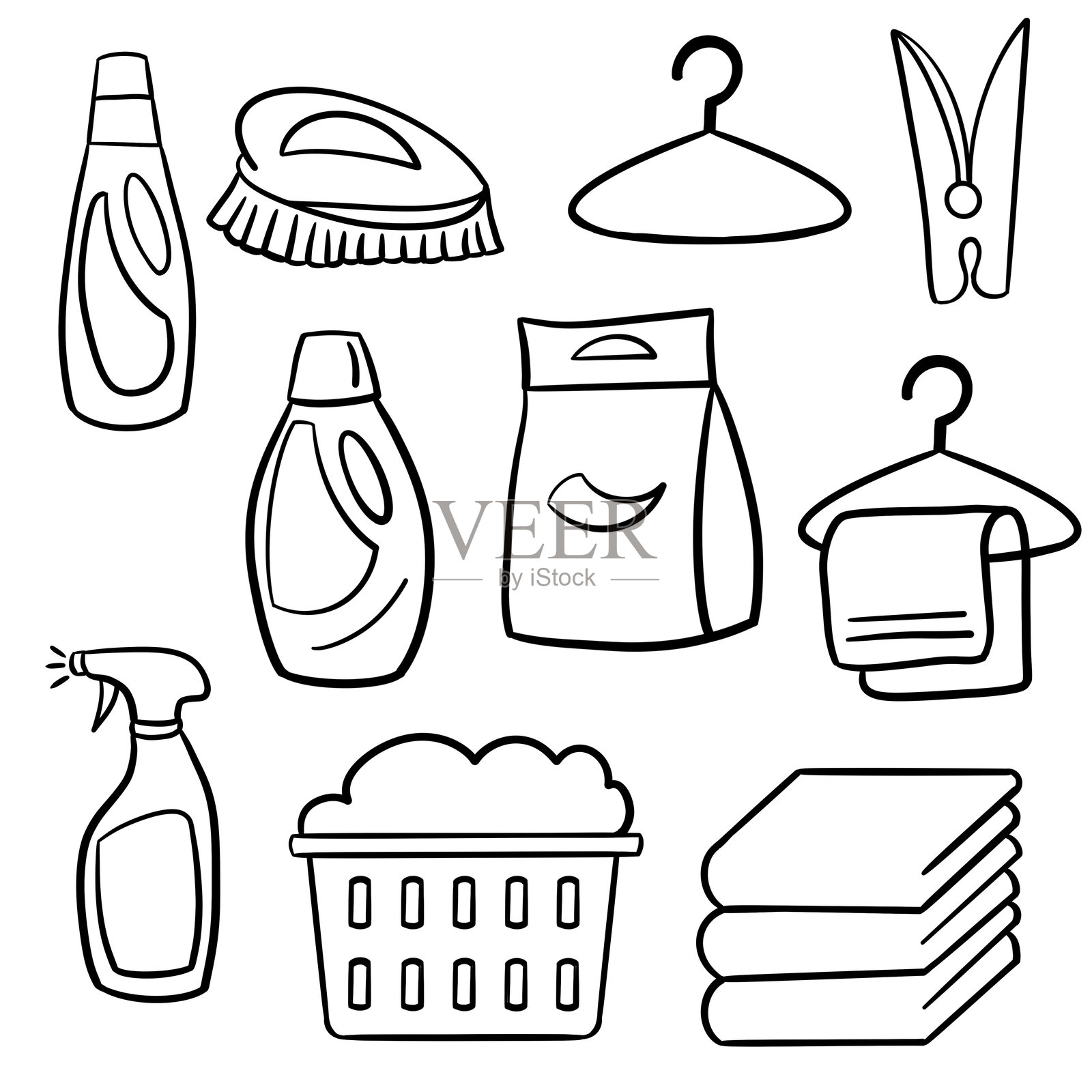 洗衣服务图标集。手绘洗衣服务涂鸦图标集，矢量插图。一个描绘各种洗衣用品组成部分的洗衣矢量图。插画图片素材