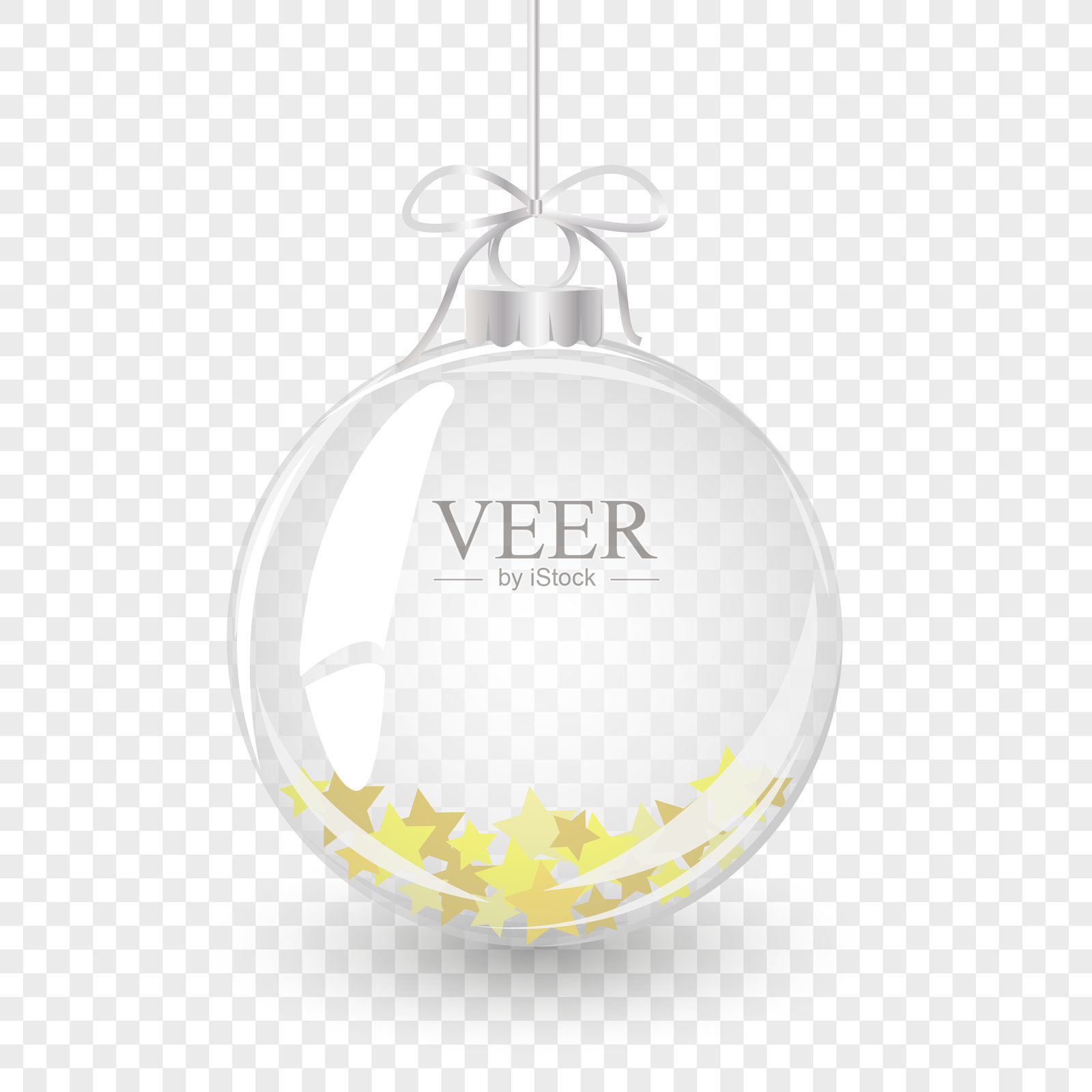 带有蝴蝶结和金色星星的玻璃圣诞球。节日装饰元素。适用于圣诞设计、样机、明信片、邀请函、海报、横幅的矢量对象。插画图片素材