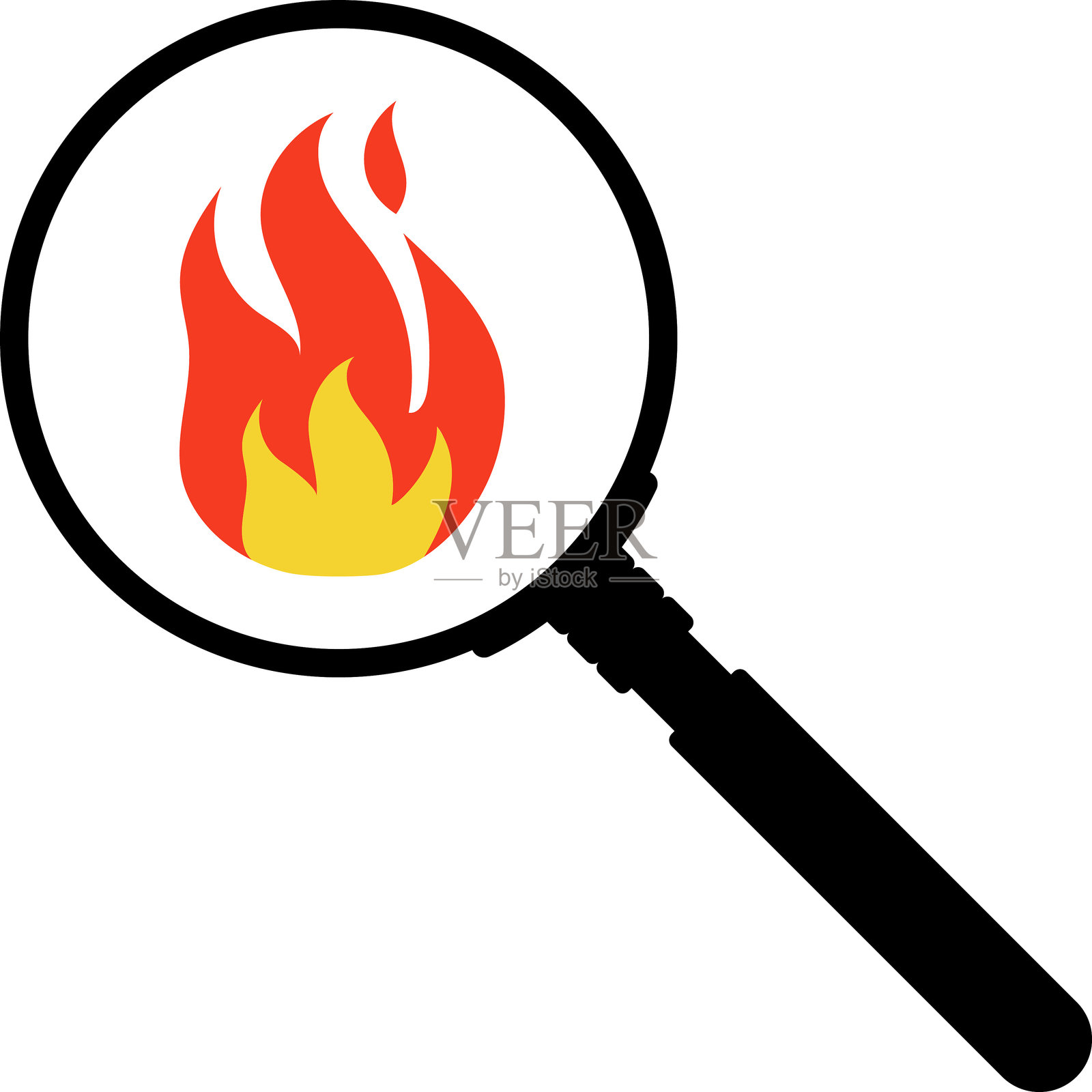 火灾监测检查指示器，使用放大镜的灭火矢量图标。插画图片素材
