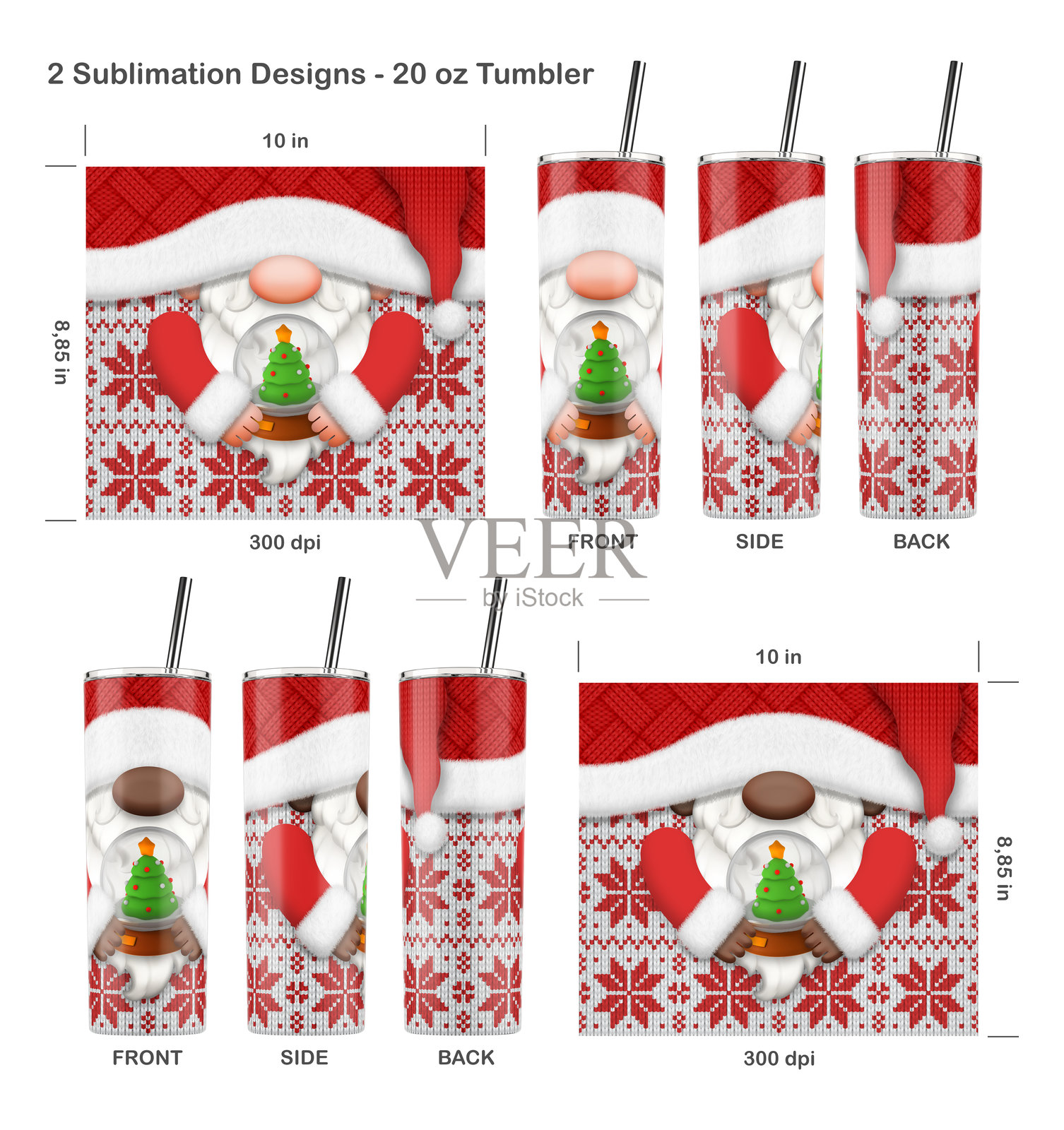 2个搞笑的圣诞侏儒。适用于20盎司细长保温杯的无缝升华模板。插画图片素材