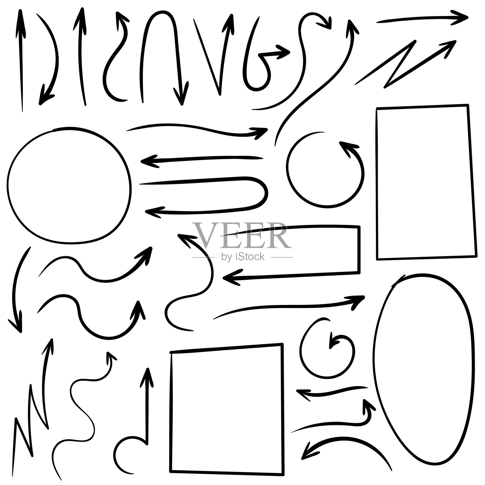 箭头和抽象形状涂鸦书写设计矢量集，黑色插画图片素材