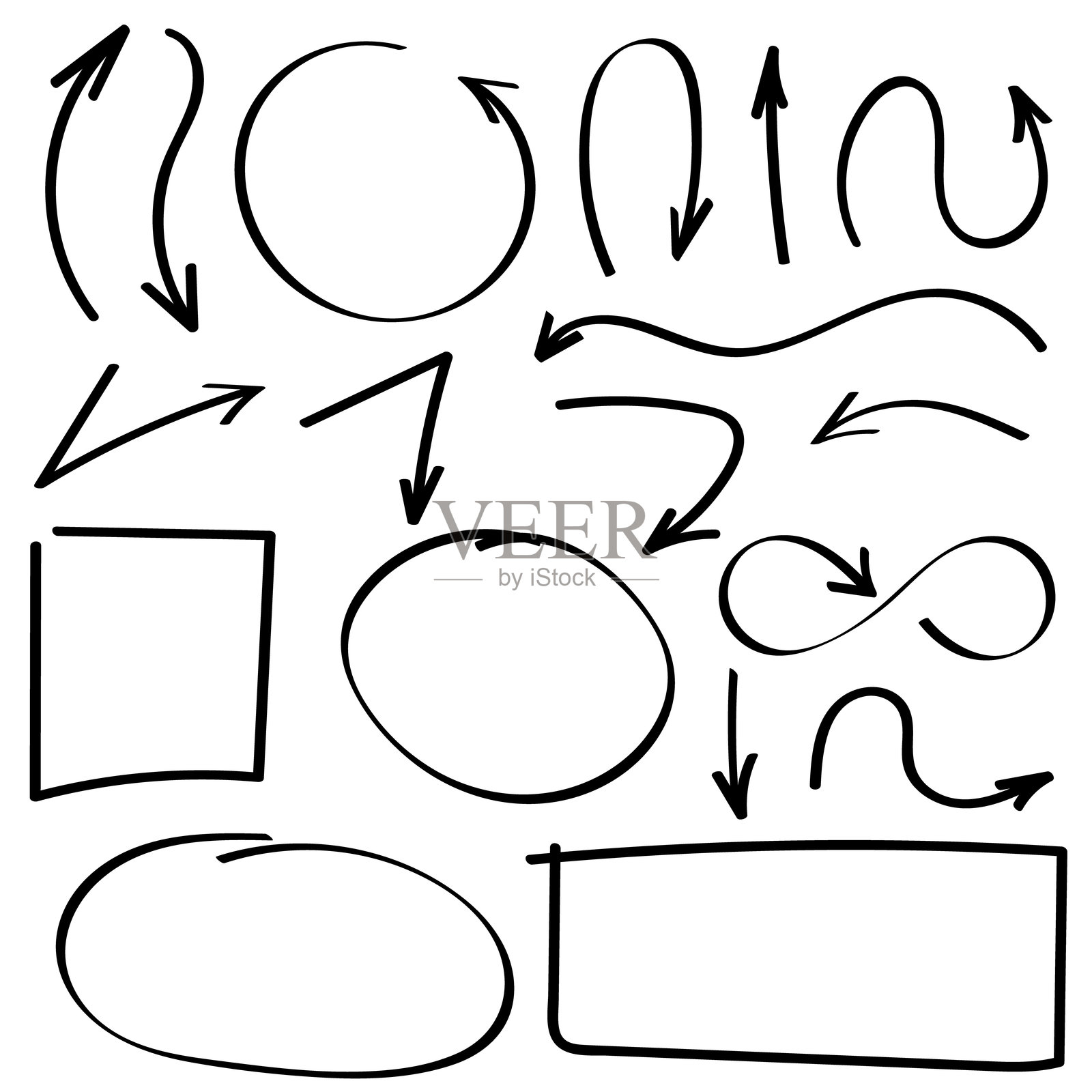 箭头和抽象形状涂鸦书写设计矢量集，黑色插画图片素材