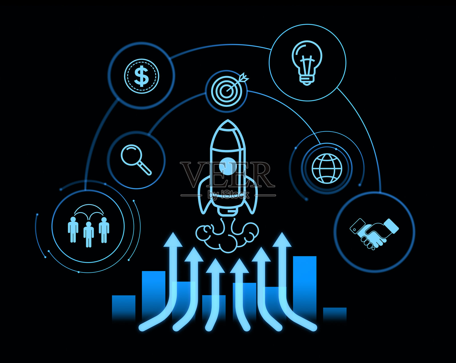 商业创业插图，带有发光的蓝色图标，背景为黑色。3D渲染。照片摄影图片