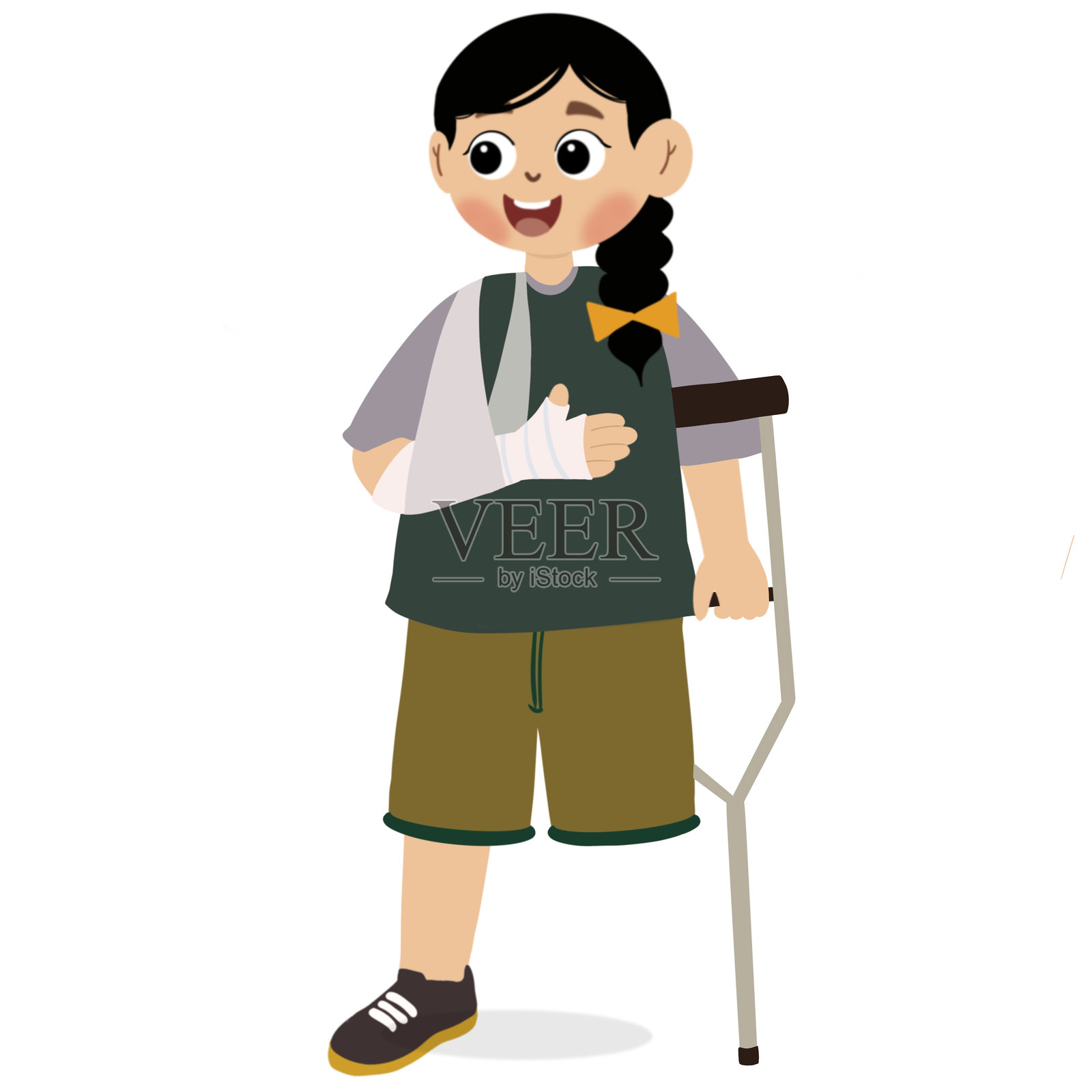 可爱的女孩在白色背景上以扁平设计呈现，手臂受伤并包扎。因事故而打上石膏的孩子。插画图片素材