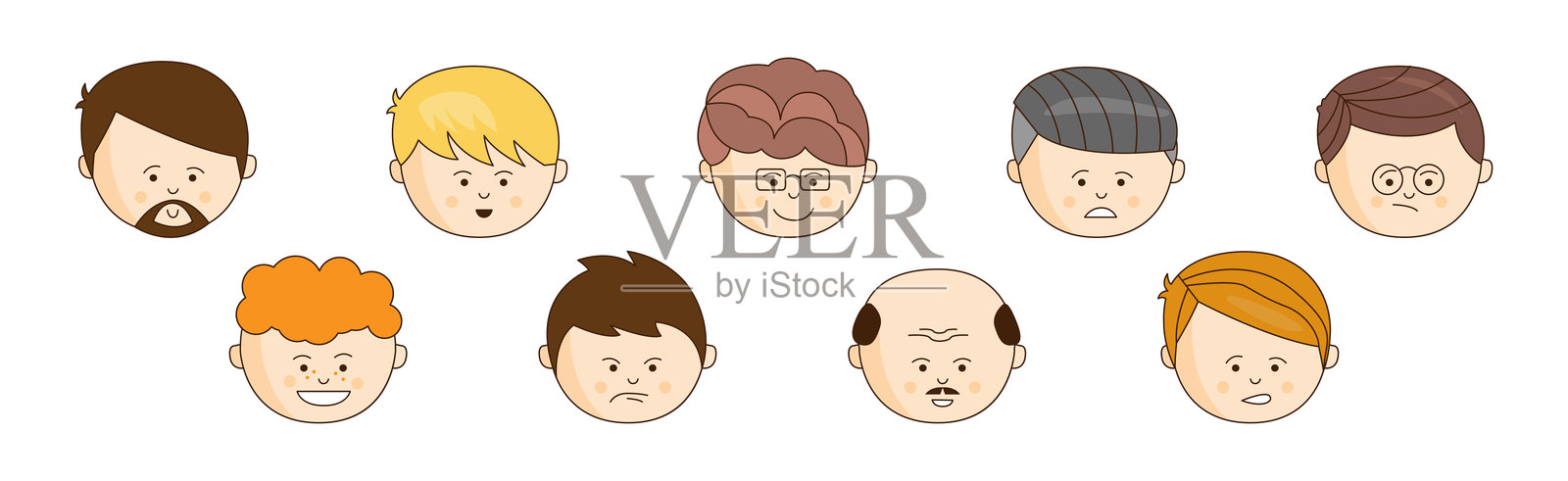 男性角色头像，展示不同发型和情绪的矢量图集插画图片素材