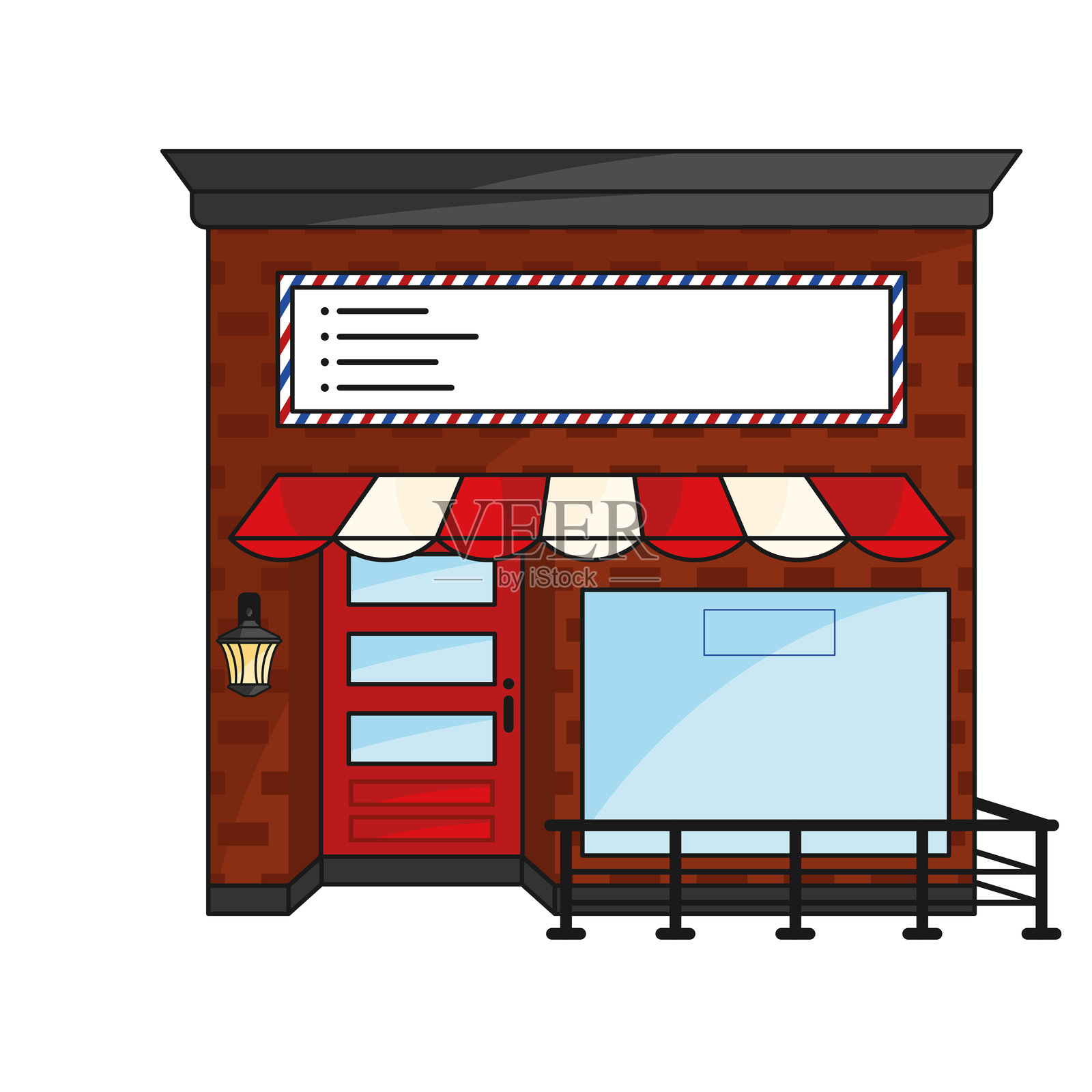 理发店外观，红色遮阳篷设计，矢量图插画图片素材