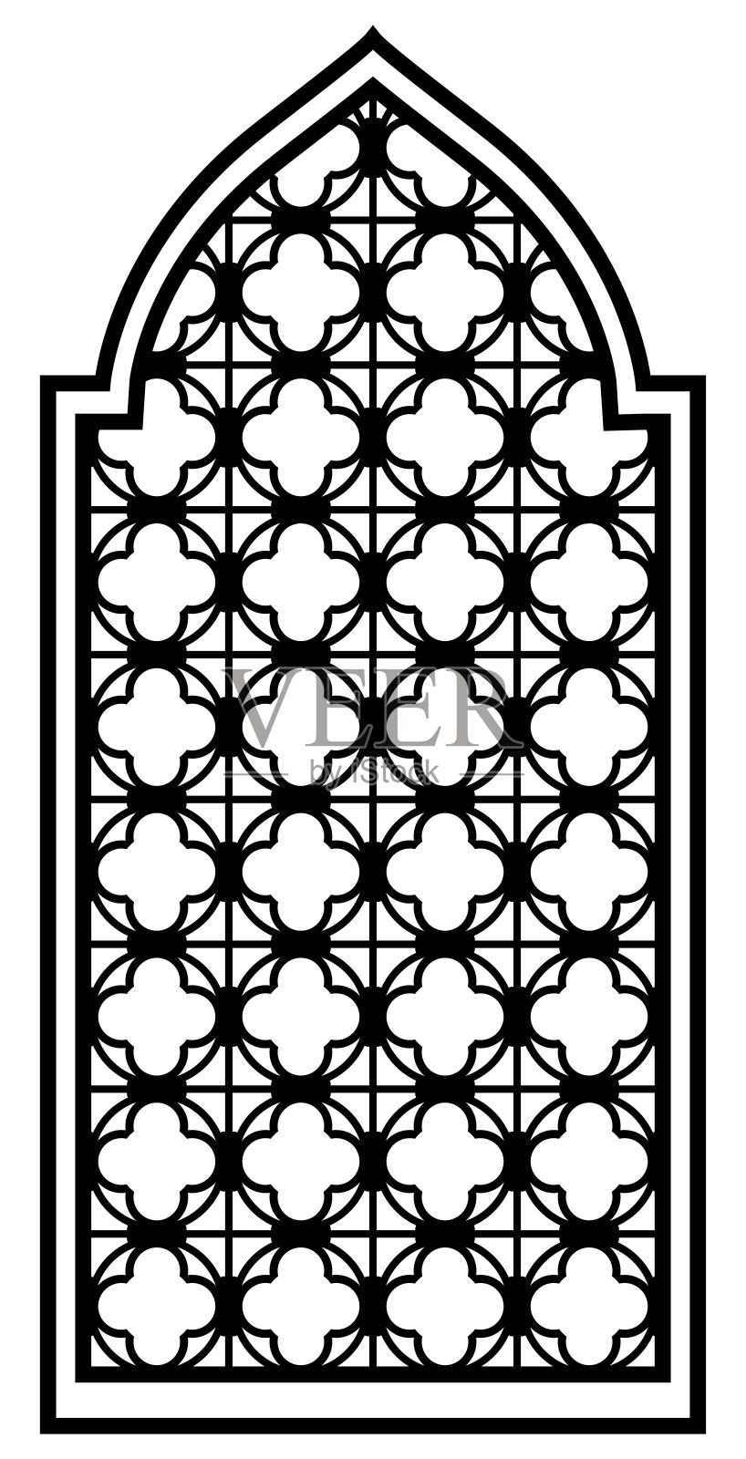 单色华丽的阿拉伯或伊斯兰东方窗户，带有马什拉比亚图案。阿拉伯式图案。数控图案，激光切割，墙面装饰，悬挂，模板，雕刻。宫殿建筑元素插画图片素材