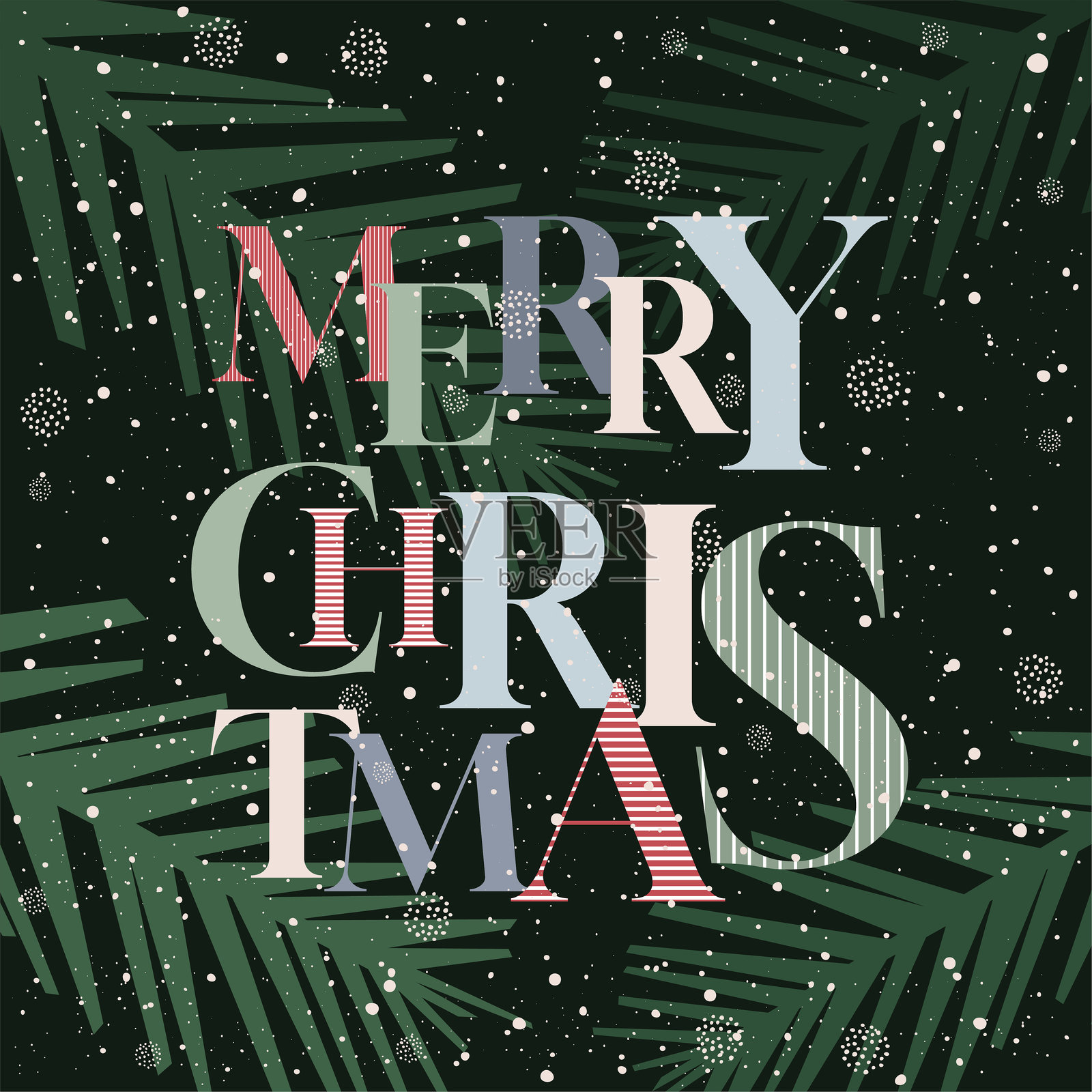 圣诞快乐和新年快乐贺卡。美丽的圣诞设计，包含排版、圣诞树枝和雪。适合寒冷季节庆祝的文字。冬季日子。非常适合横幅和壁纸。插画图片素材