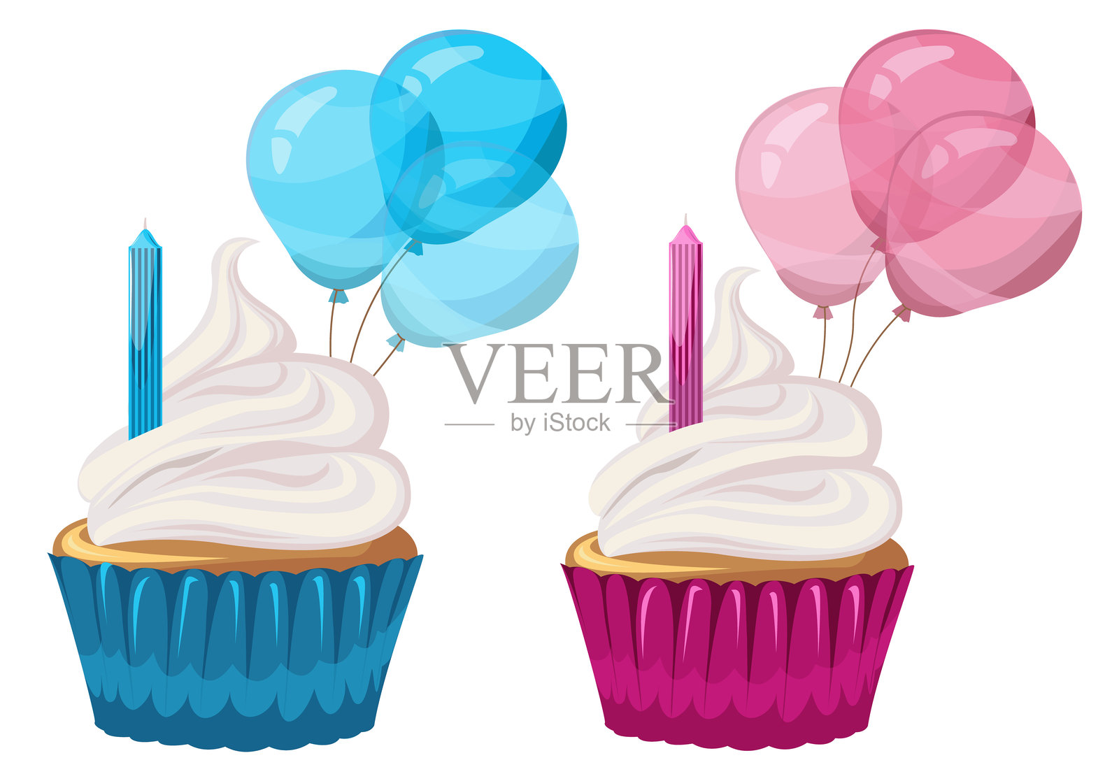 奶油杯子蛋糕、气球和蜡烛。松饼。贴纸。扁平风格。性别派对。生日、节日、祝贺，邀请概念。横幅、明信片的矢量插图。插画图片素材