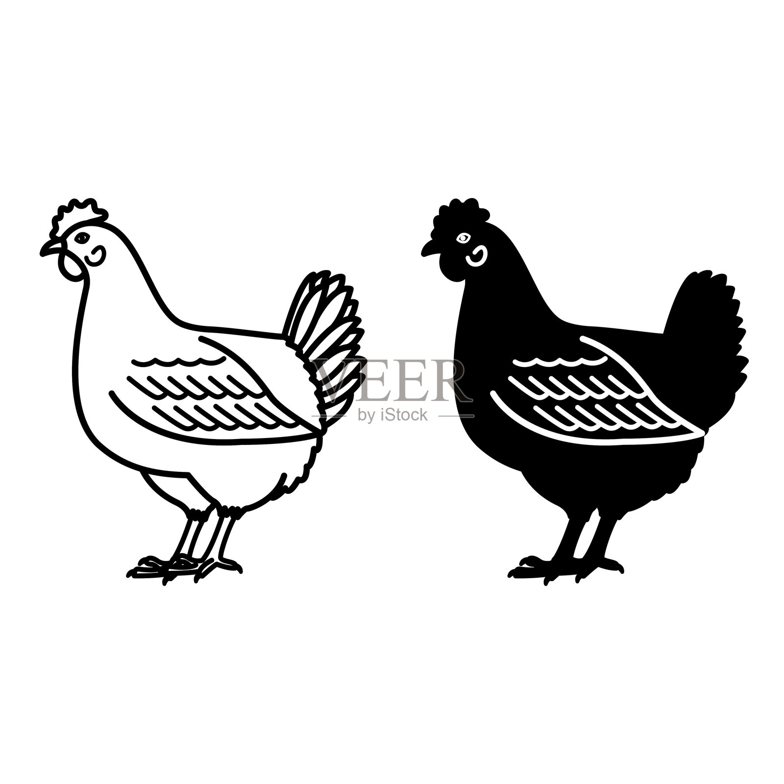 鸡图标。黑白矢量插图。鸟，母鸡。农业，养殖。适用于涂色书设计。家畜概念插画图片素材