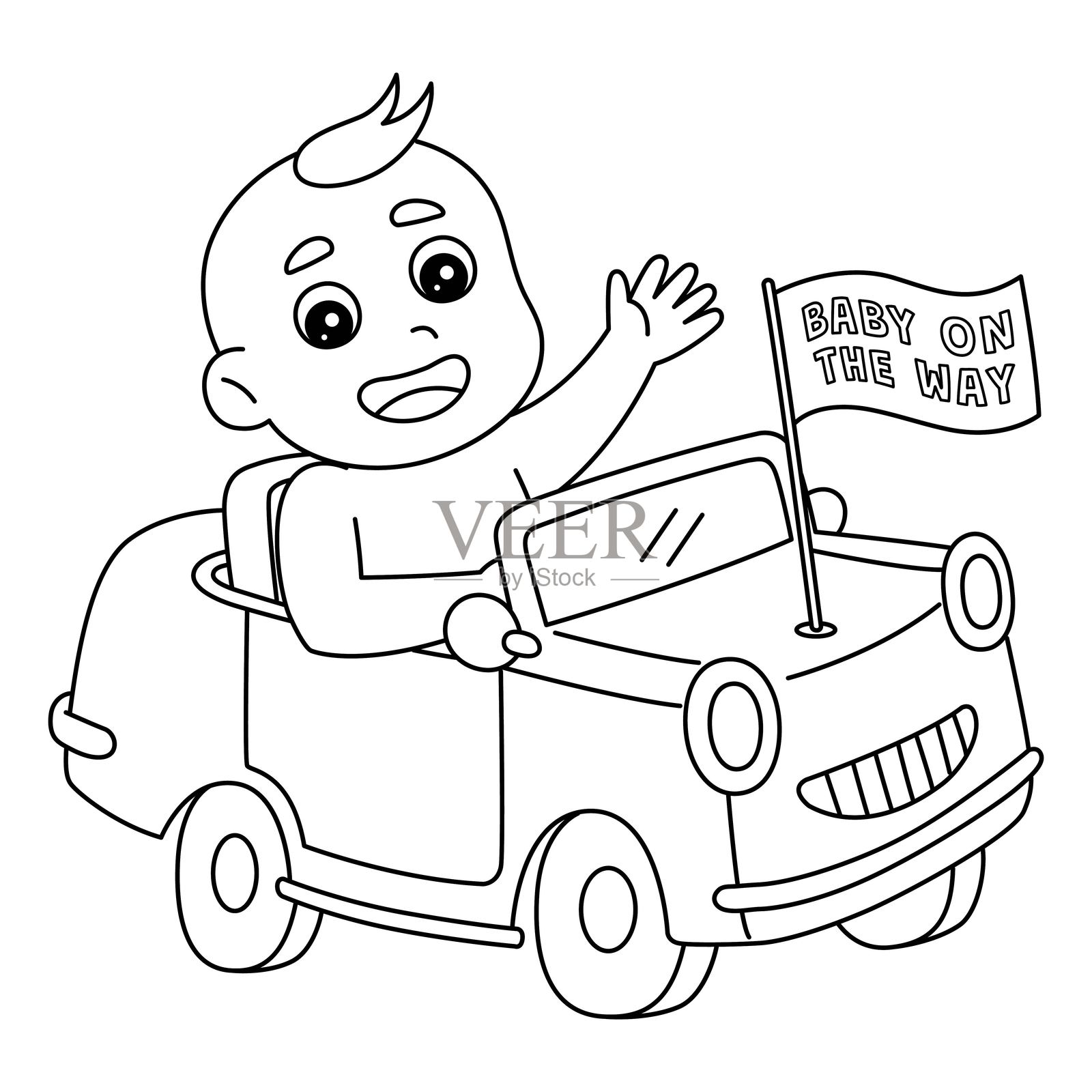 婴儿洗礼：孤立的汽车上的婴儿涂色页插画图片素材