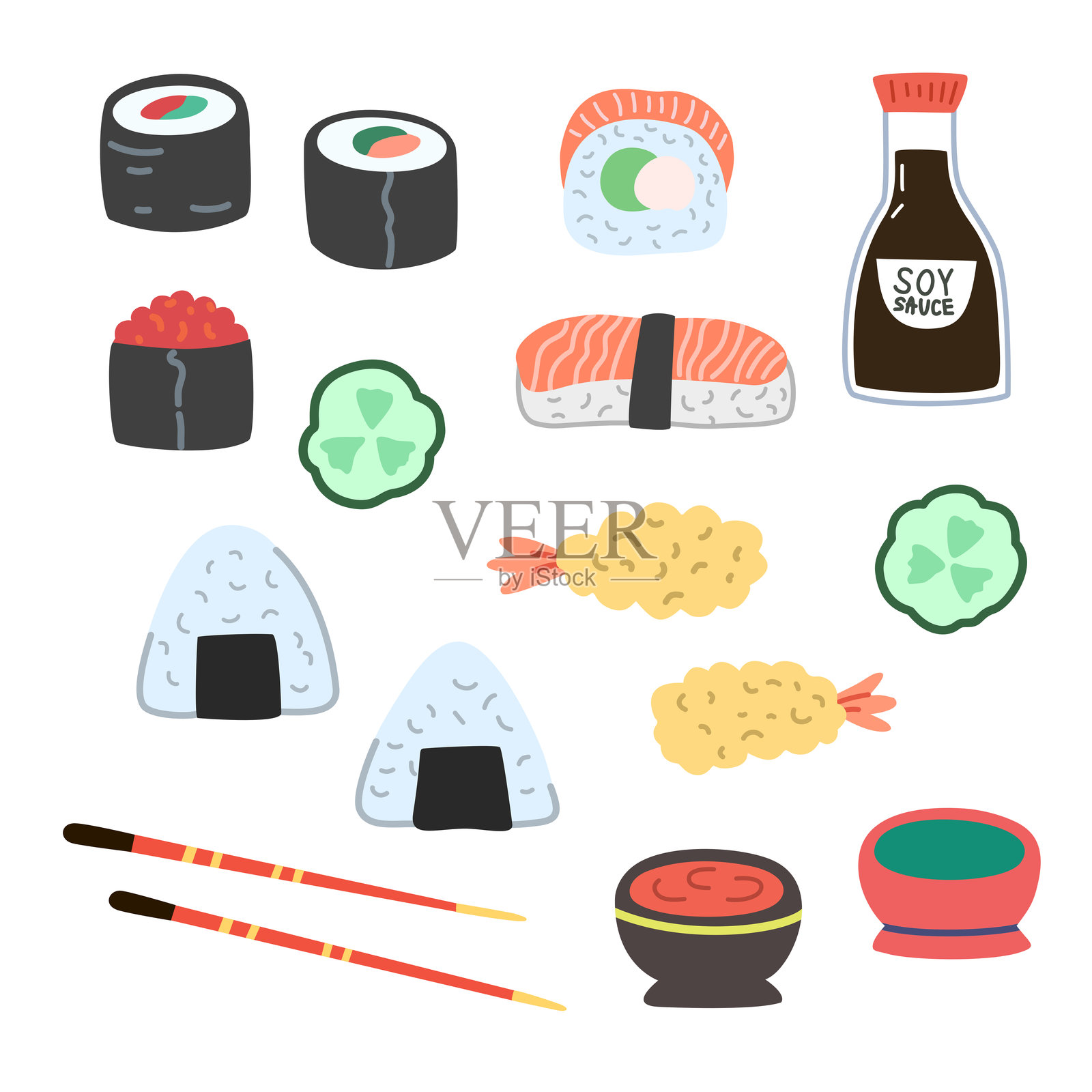 亚洲美食，寿司，饭团，天妇罗和酱汁。手绘彩色矢量插图。插画图片素材