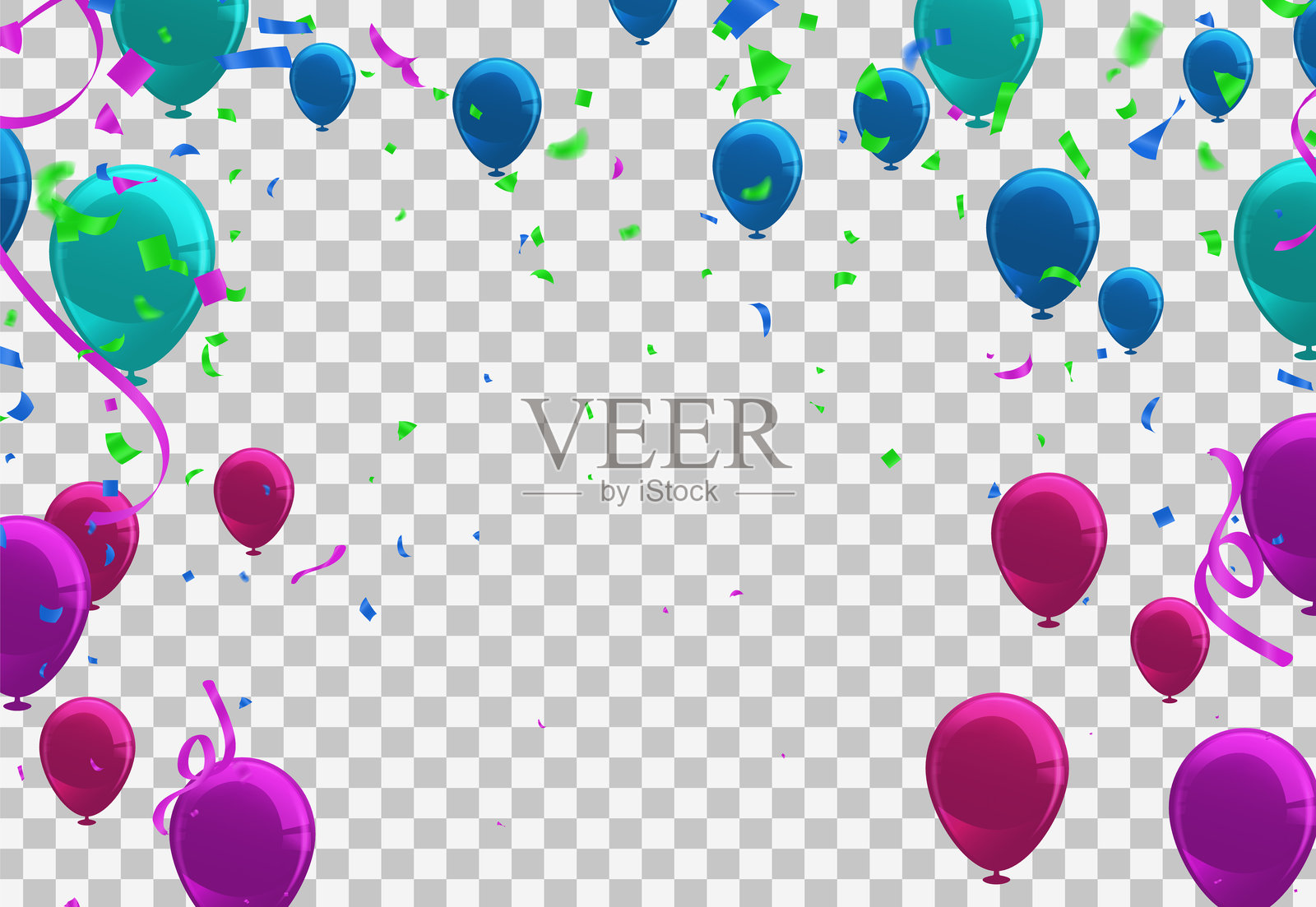 派对气球配有五彩纸屑和丝带。透明背景上的矢量插图。插画图片素材