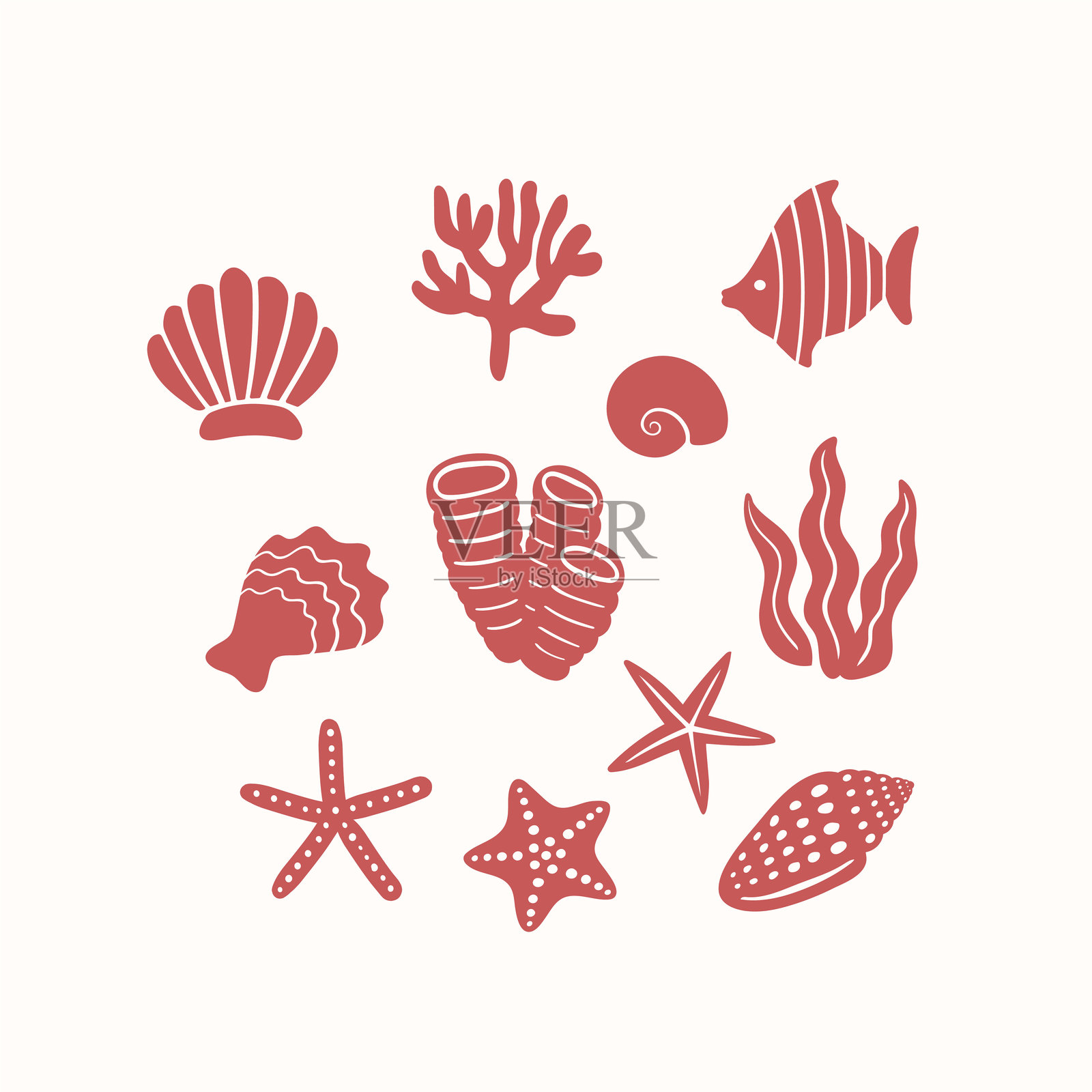 水下珊瑚虫、软体动物、海星、贝壳、蛤蜊、鱼、牡蛎和海藻的矢量插图。手绘水生图标集。可爱的海洋野生动物插图。插画图片素材