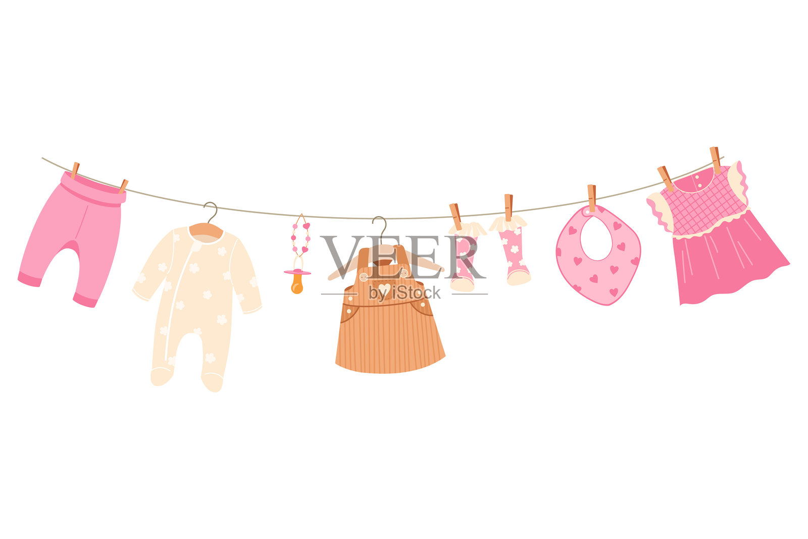 可爱的粉色婴儿女孩衣物挂在钉子上的矢量插图，非常适合婴儿洗礼派对主题。理想用于邀请函、装饰和贺卡。柔和、迷人且富有趣味的设计。插画图片素材