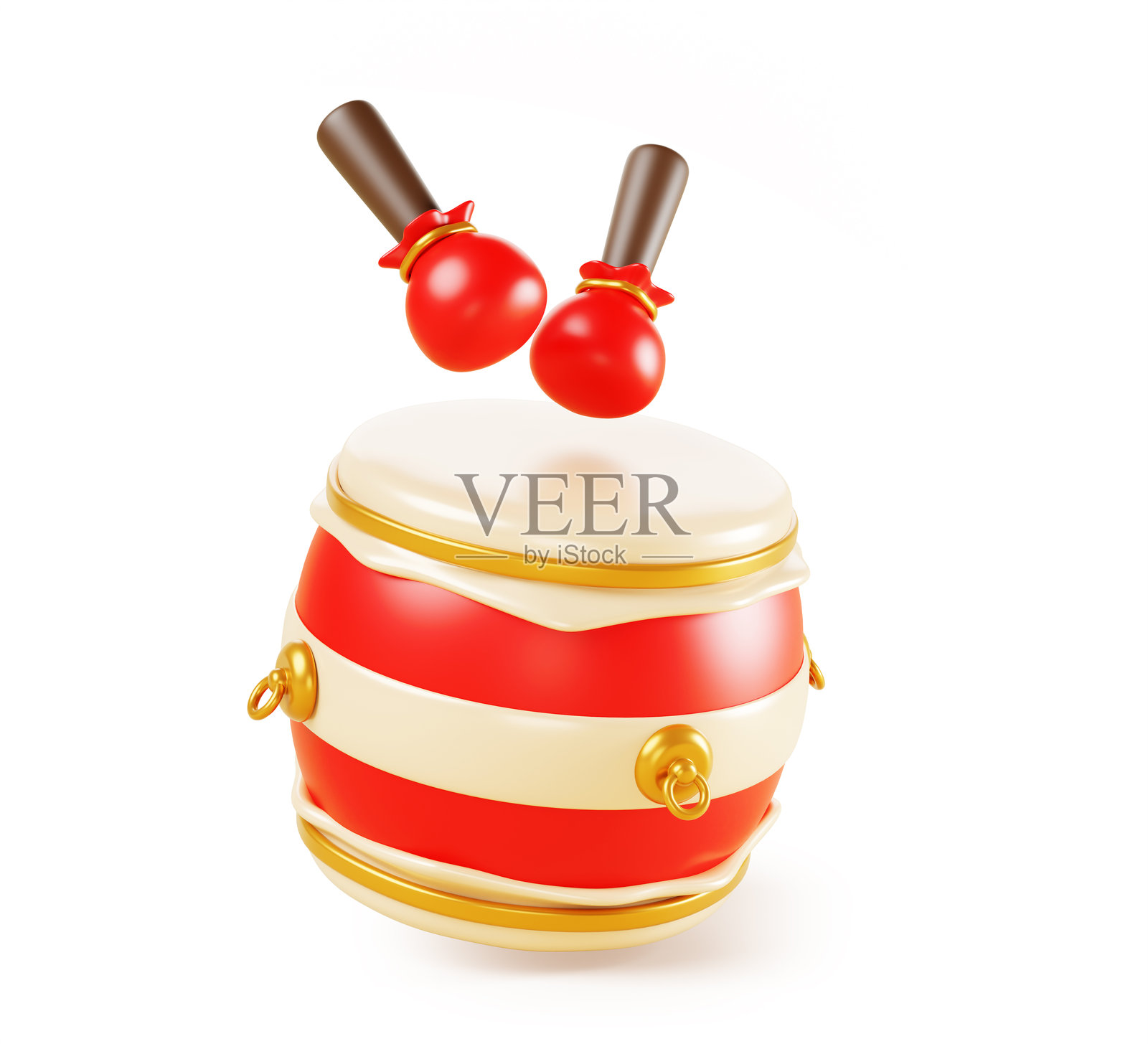 3D中国鼓孤立的卡通渲染图标。传统的红色金色打击乐器，用于亚洲节日、新年庆祝、戏剧和舞蹈表演、佛教仪式。插画图片素材