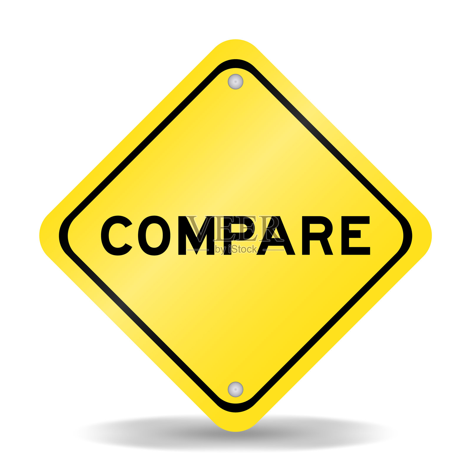白色背景上的黄色交通标志，上面写着“比较”插画图片素材