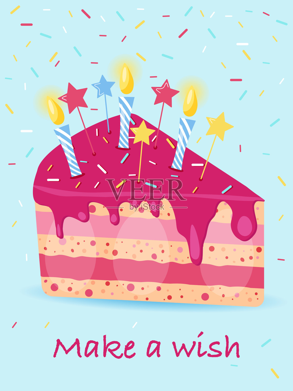 生日卡片，上面有粉色蛋糕切片、蜡烛和五彩纸屑。庆祝用的甜美蛋糕切片。许个愿望。插画图片素材