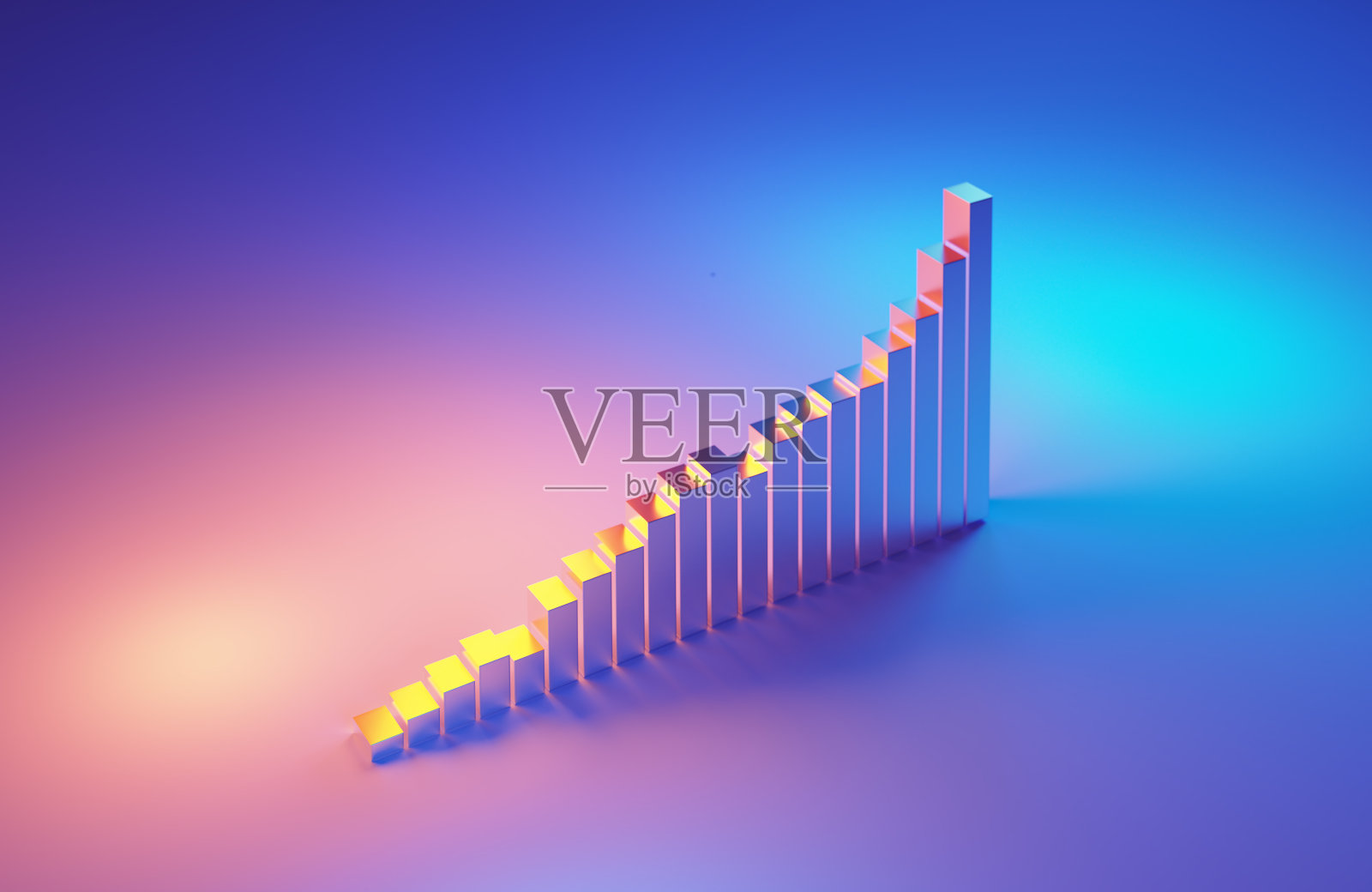 金属条形图在蓝色和品红色背景下被蓝色和品红色灯光照亮照片摄影图片