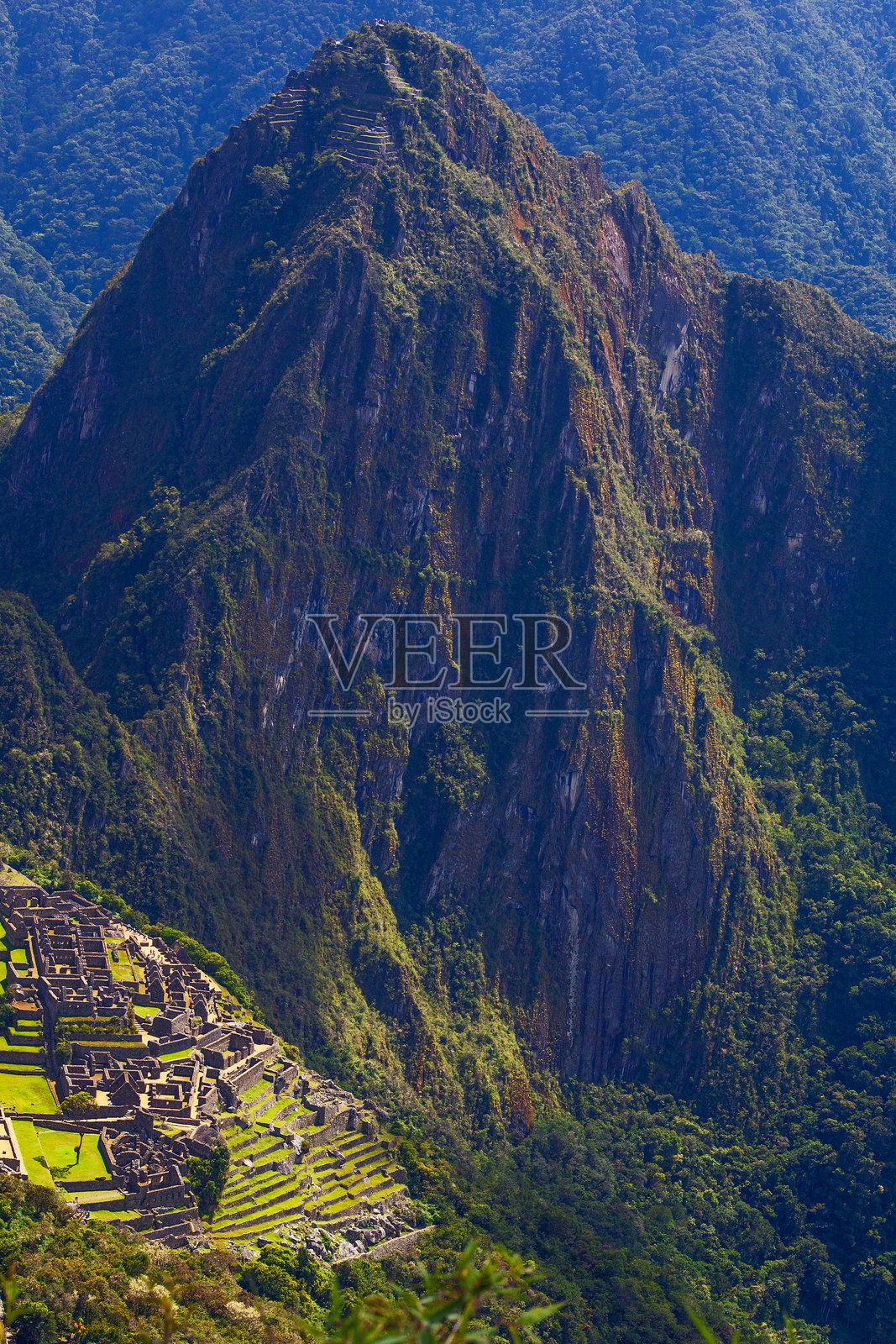 马丘比丘及古印加遗址的鸟瞰图，周围环绕着郁郁葱葱的绿色山脉照片摄影图片