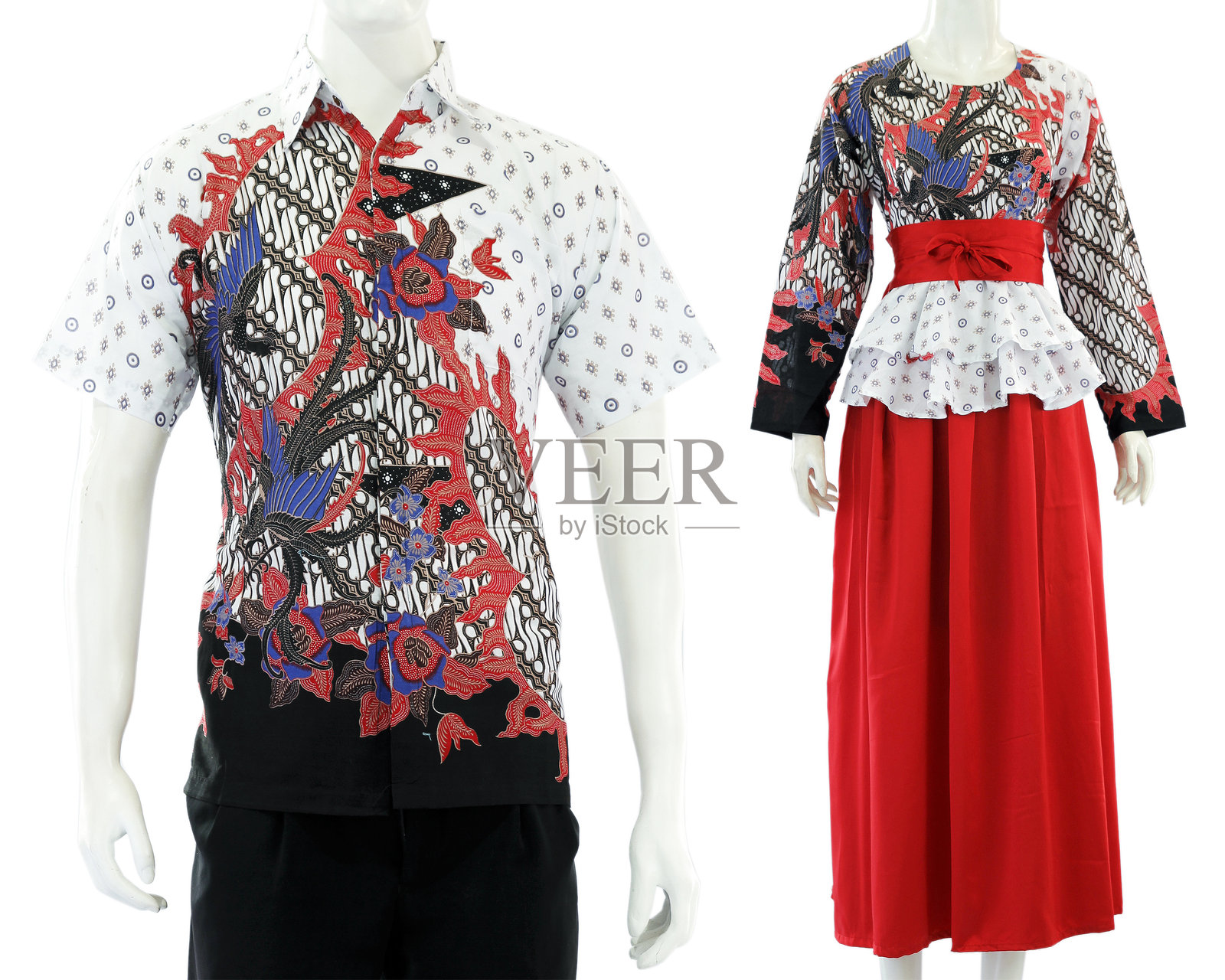 情侣巴蒂克衬衫，男士短袖衬衫和女士长袖衬衫照片摄影图片