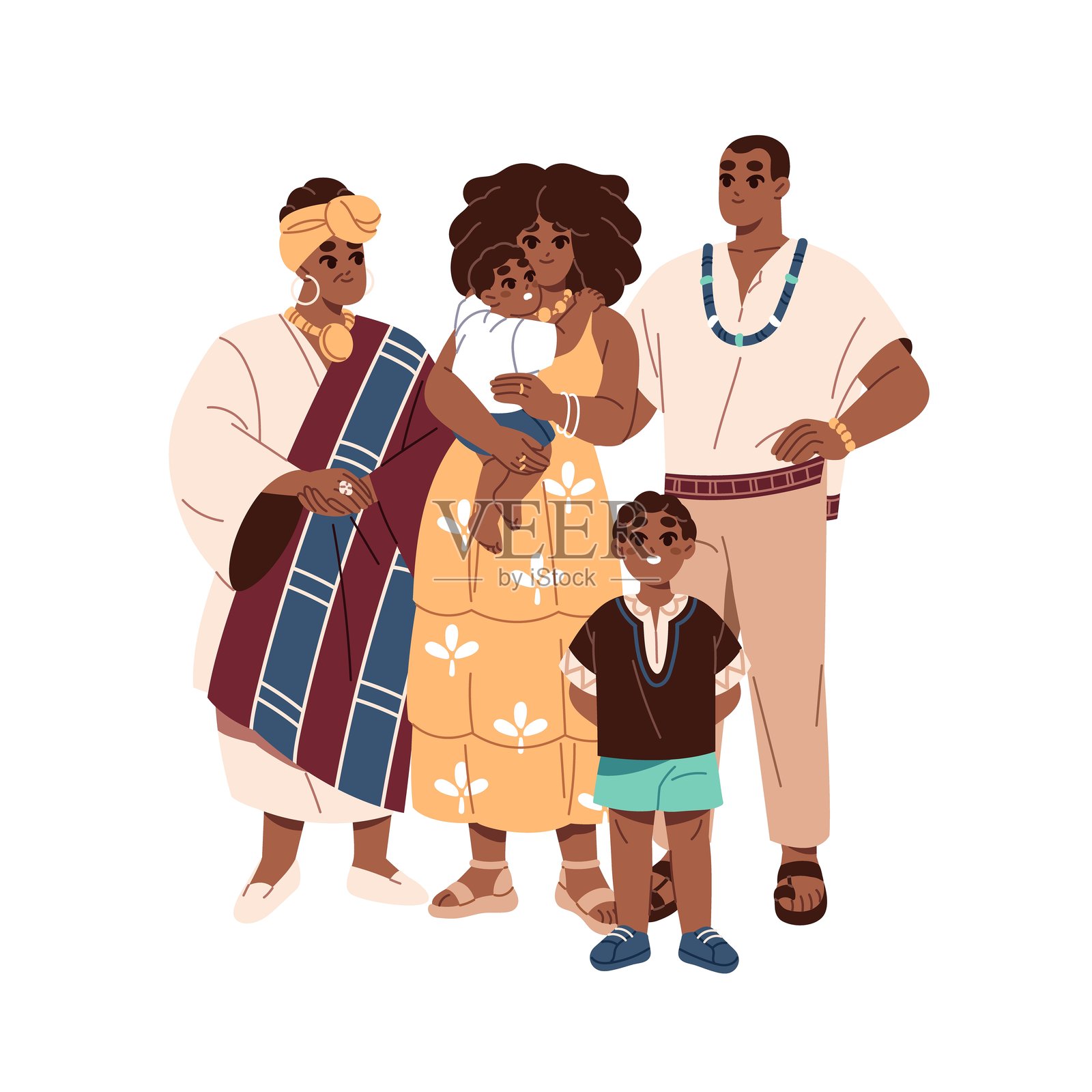 快乐的非洲大家庭。父母与孩子，穿着传统服装的奶奶站在一起。母亲和父亲抱着他们的宝宝。白色背景上的扁平化插图。插画图片素材