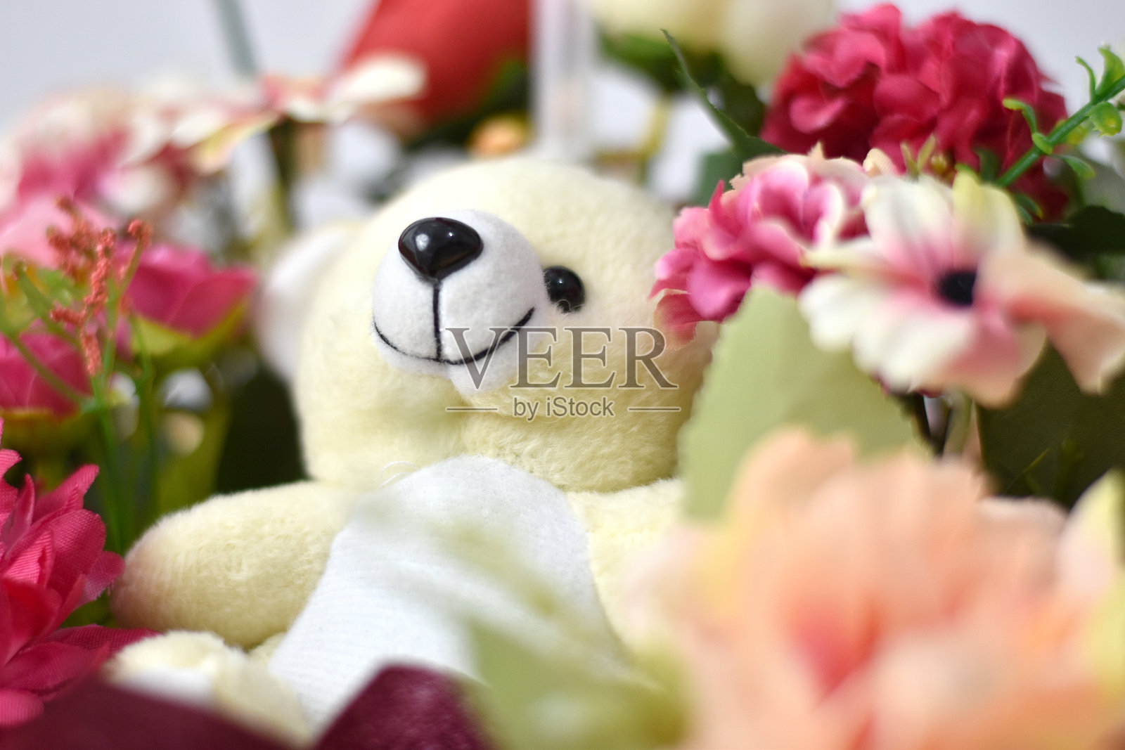 花束与小泰迪熊玩偶照片摄影图片
