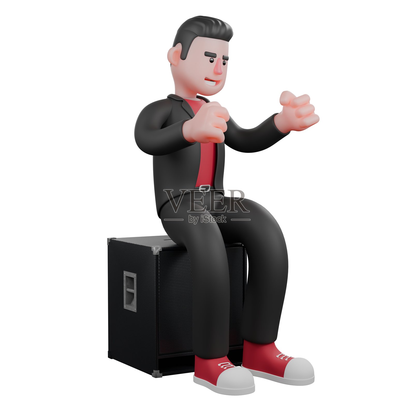 3D卡通风格的舞蹈创作者。一位男舞蹈编排师坐在音响上，双手握紧，满脸热情。照片摄影图片