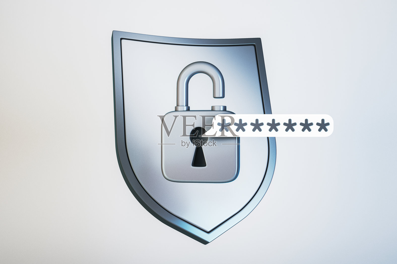 解锁的挂锁和密码星号在盾牌上，象征数据保护和网络安全。3D渲染。照片摄影图片