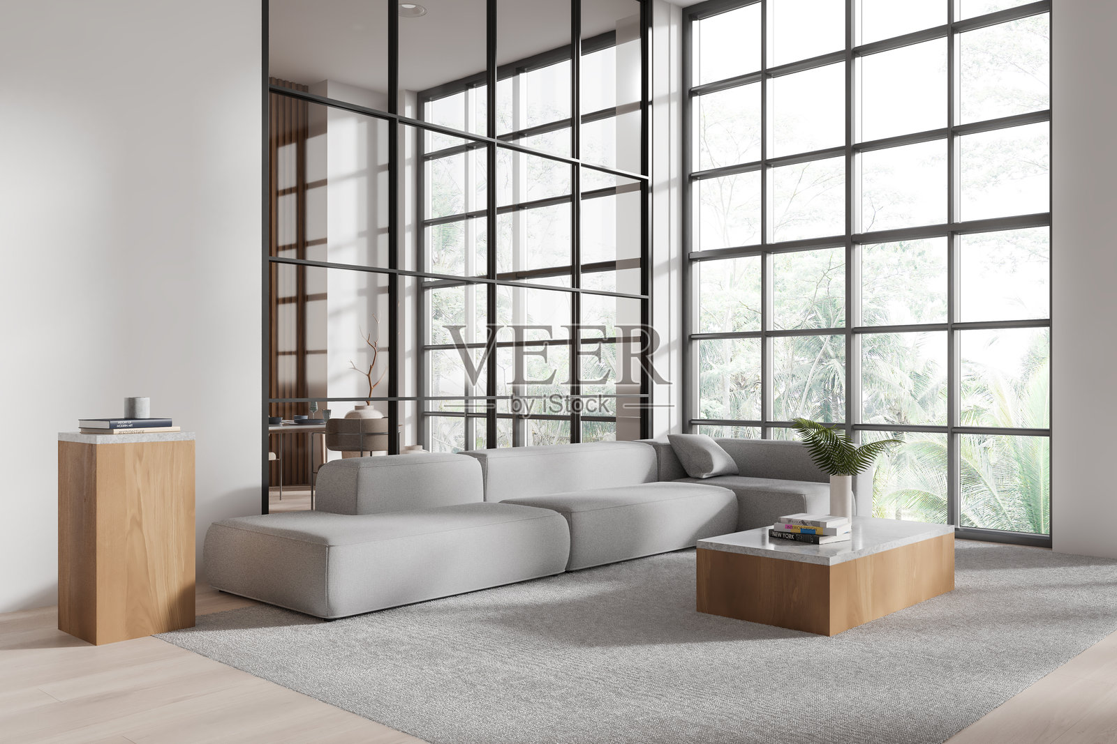 现代客厅，配有大窗户、灰色沙发和极简装饰。光线充足的空间，俯瞰绿意盎然的景色。室内设计概念。3D渲染。照片摄影图片
