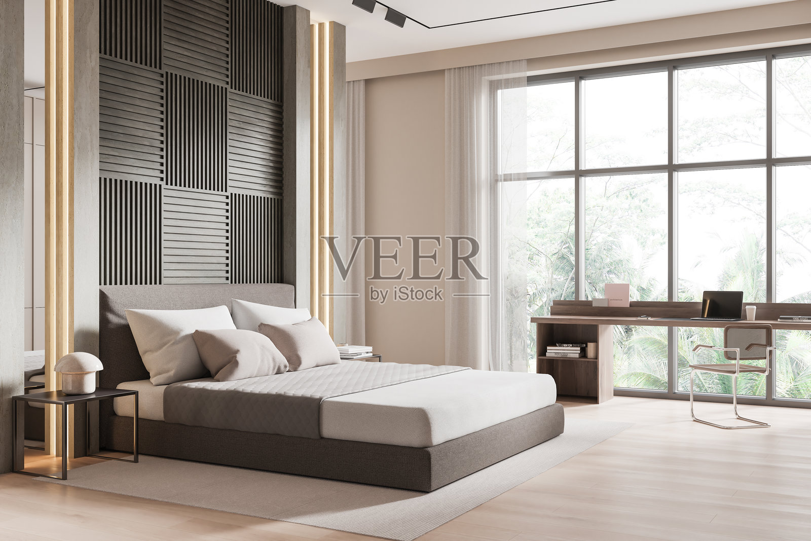 明亮的酒店卧室内饰，配有床和工作区，设有全景窗户照片摄影图片