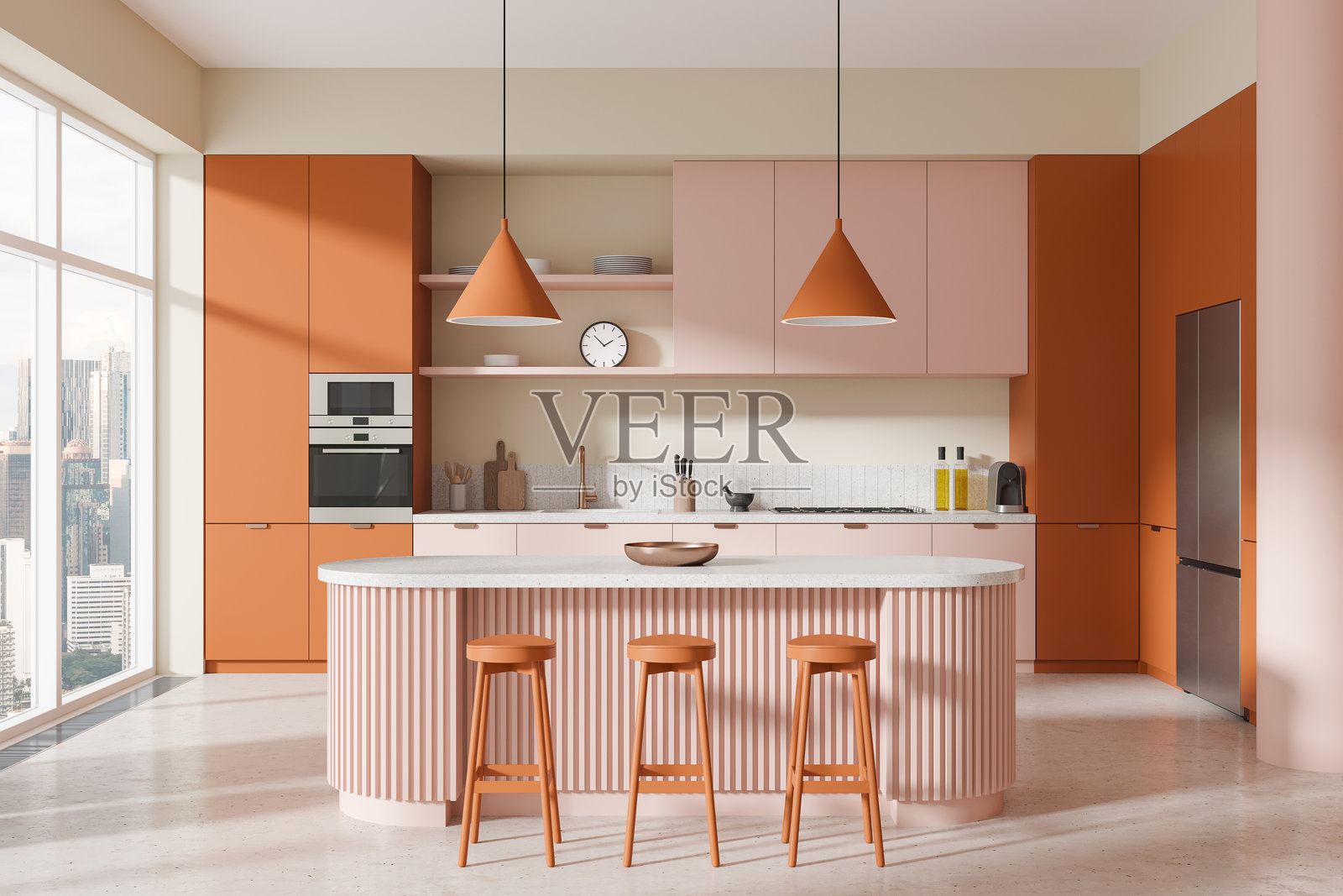 现代厨房室内设计，配有橙色和粉色的点缀。3D渲染图照片摄影图片