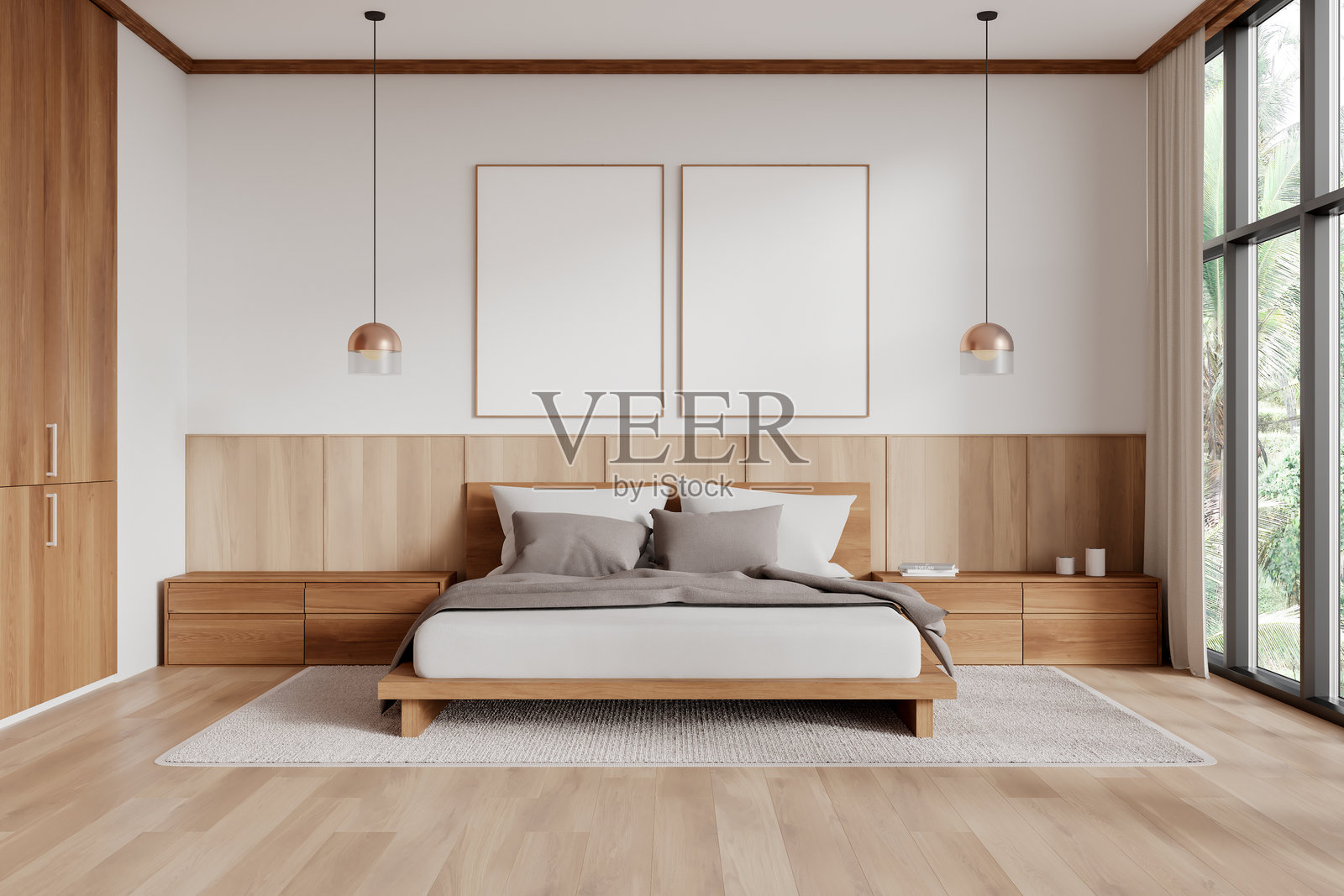 白色木质家居卧室内部，配有床和窗户。样板框架照片摄影图片