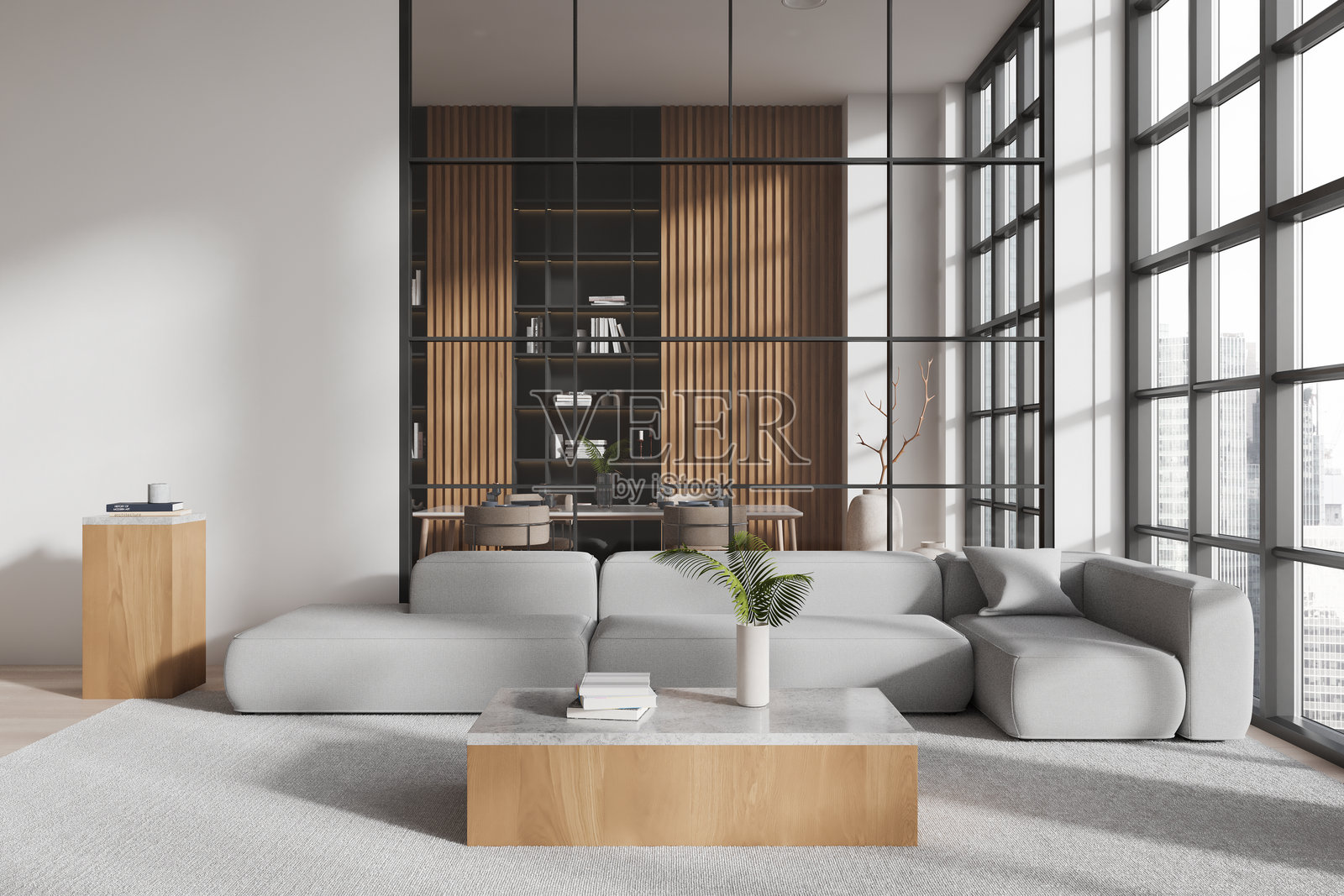 家居客厅室内，设有休闲和餐饮区域，配有全景窗户照片摄影图片