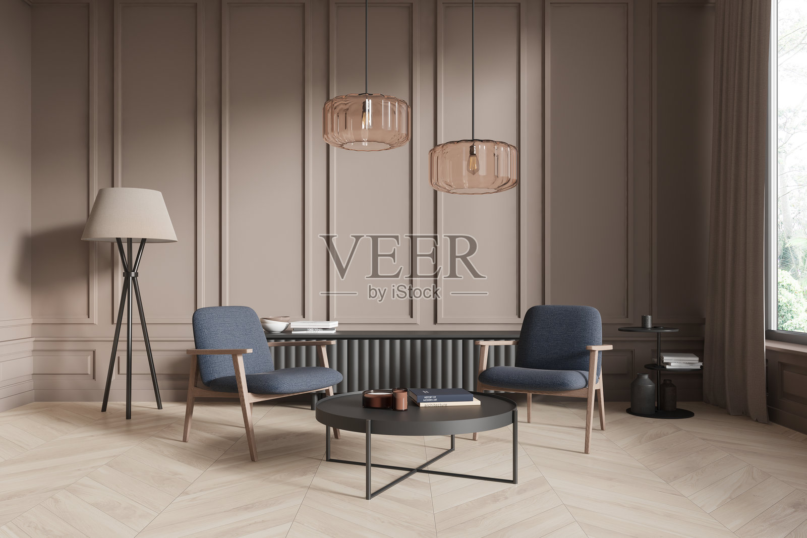 现代客厅，极简设计和中性色调。3D渲染照片摄影图片