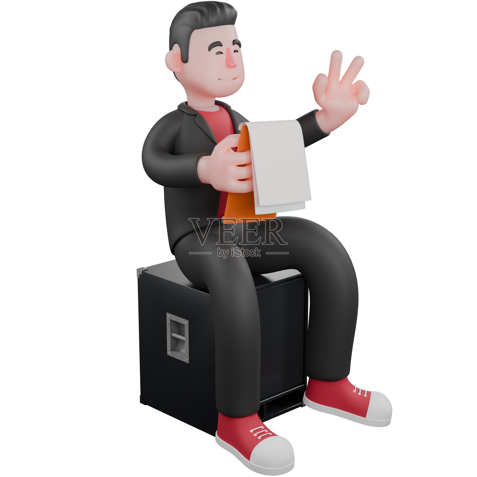 3D卡通编舞设计。一位男性编舞者坐在音响上，右手拿着一个夹板，左手竖起两个手指，面带微笑。舞蹈艺术家照片摄影图片