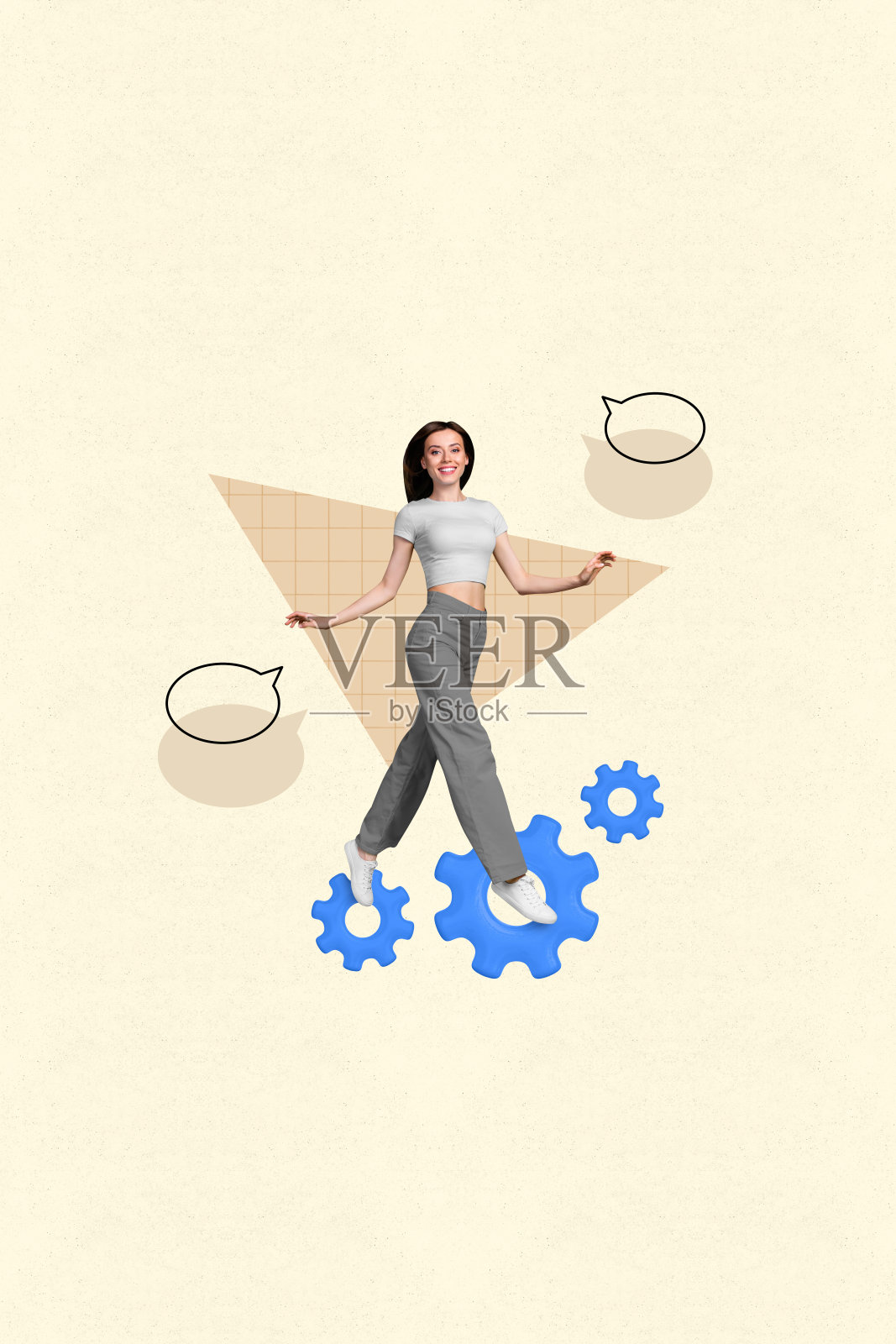 成功快乐女孩在米色背景上实现职业进步的艺术拼贴素描。照片摄影图片