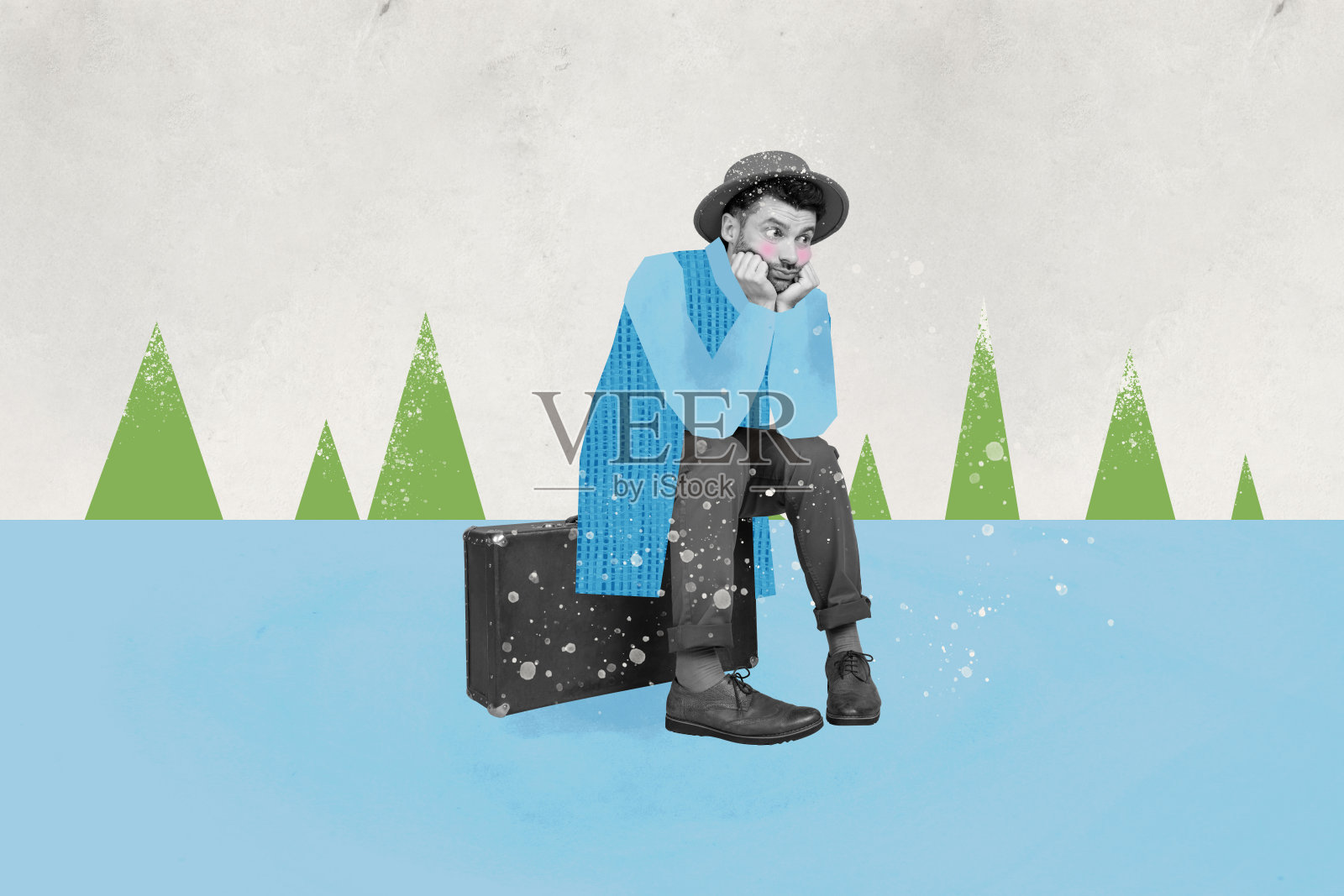 无聊的冻僵男孩在创意背景下等待新年的卡通漫画素描拼贴画照片摄影图片