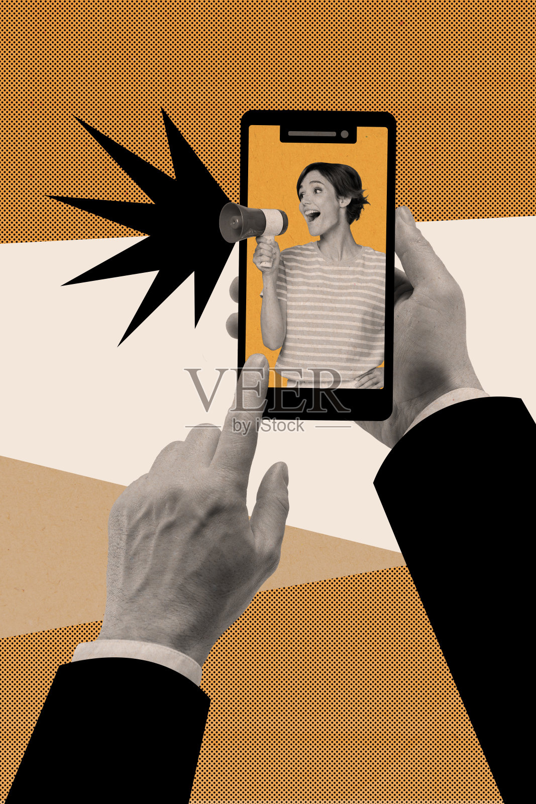 年轻女性手持智能手机，触碰通知，关注购物促销，创意趋势拼贴画，使用扩音器。照片摄影图片