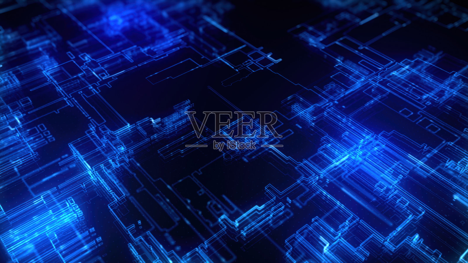 机器学习、微芯片、电路和光用于未来数据流，信息技术中的创新和3D系统过程。数字化转型、云计算和网络安全。照片摄影图片