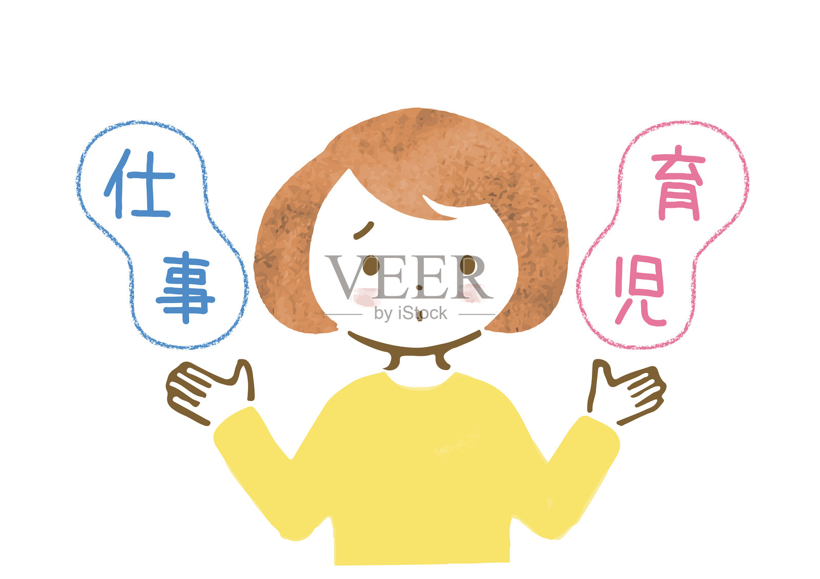 手绘插图：一位女性的上半身，努力平衡工作与育儿的挑战插画图片素材