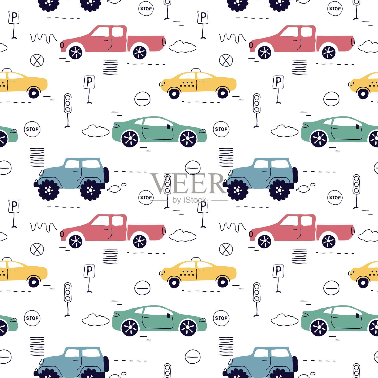 手绘汽车、标志和道路的无缝图案。适合儿童的卡通背景，适用于印刷、纸张和印刷品。流行艺术矢量插图。插画图片素材