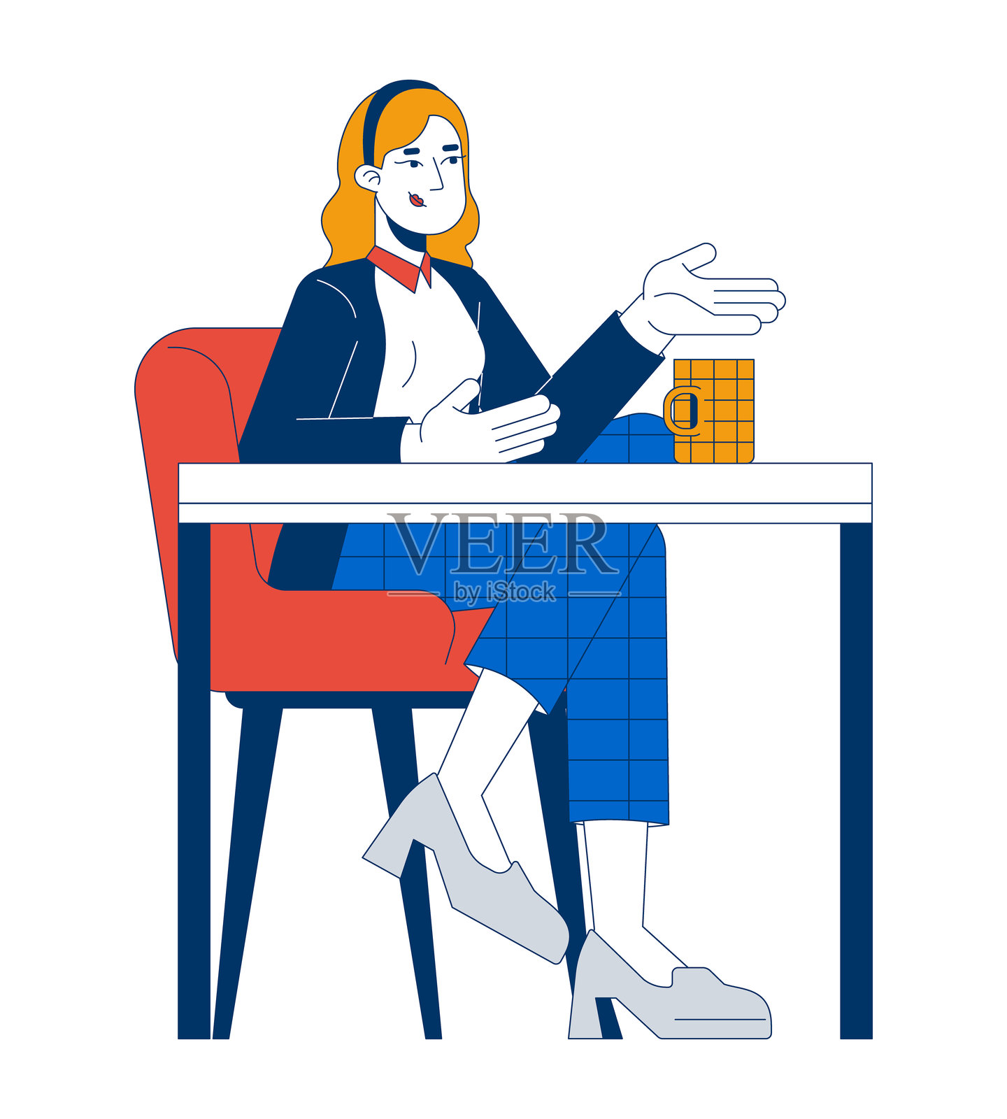 商务休闲的金发女性坐在桌子旁，手里拿着咖啡杯的二维卡通角色插画图片素材