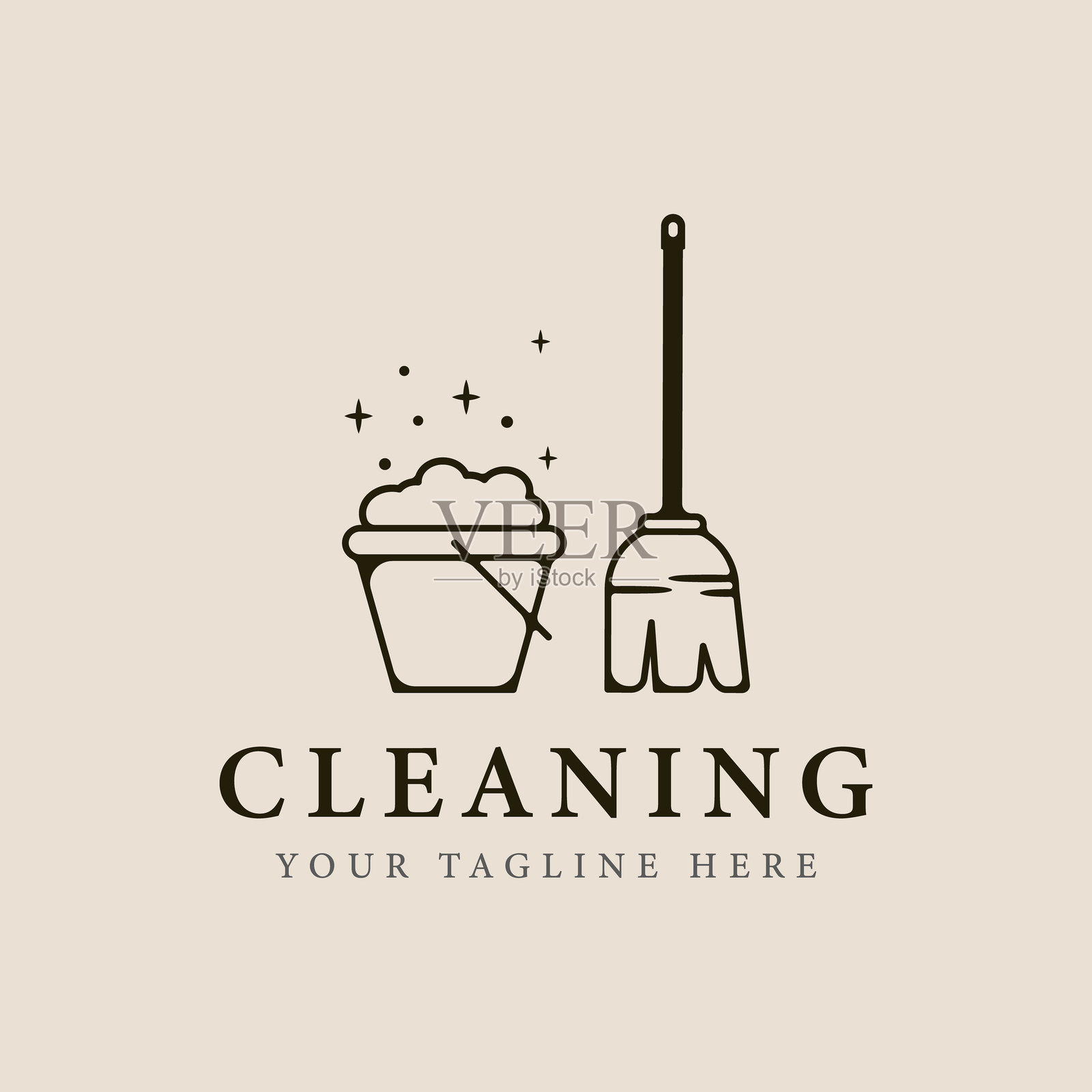 清洁服务线条艺术标志，带徽章，矢量插图，极简设计插画图片素材