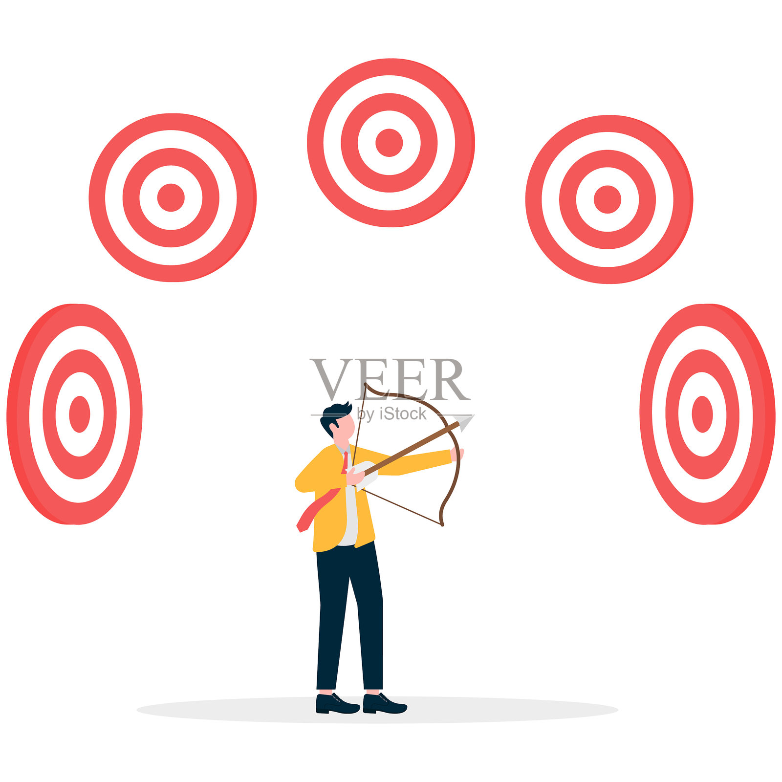 商人们手持弓箭，注视着多个靶子。插画图片素材