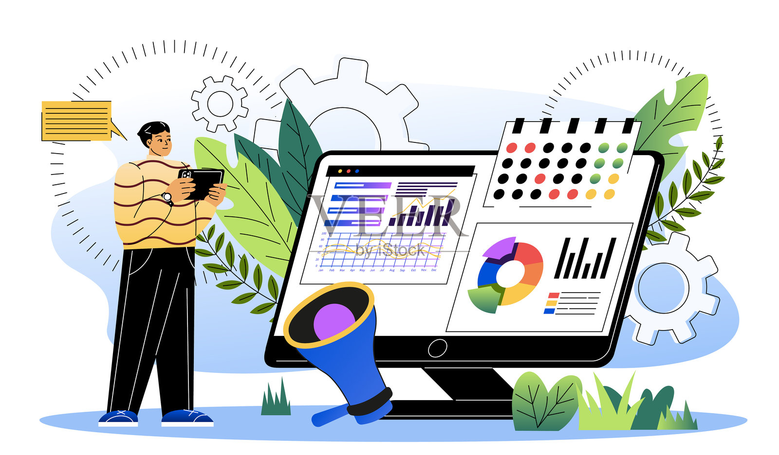 商业概念。手持平板电脑的男子在电脑和扬声器旁边。会计与支付。财务管理。扁平矢量插图。插画图片素材