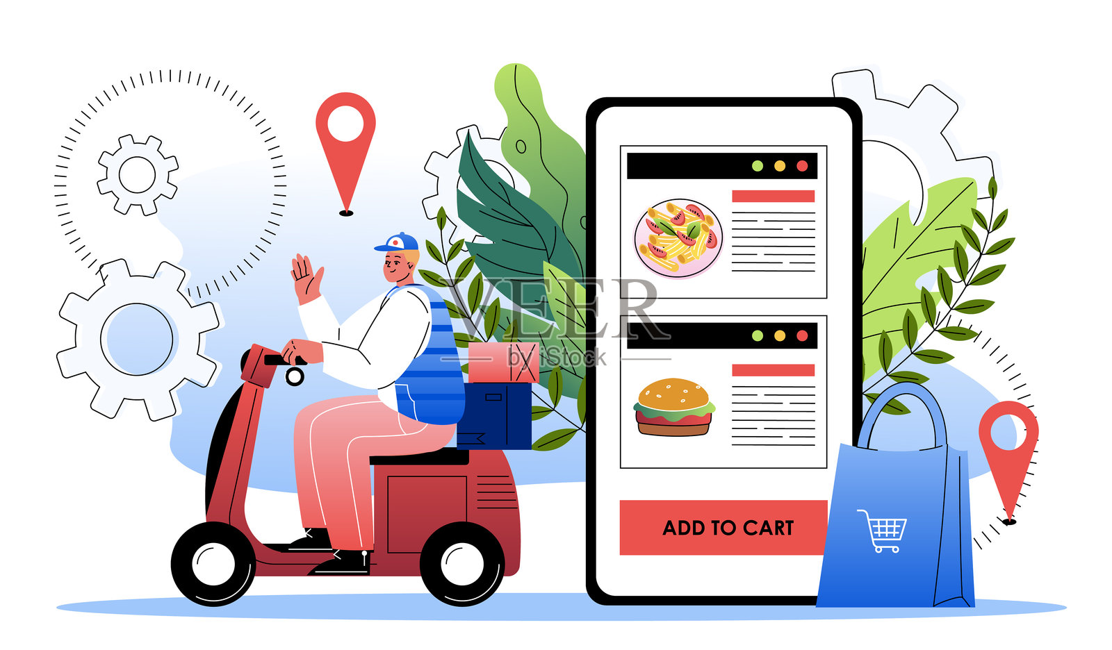 快递员送达在线订单。骑电动车的男子在智能手机旁边，享用快餐和外卖。在线购物和电子商务。扁平化矢量插图插画图片素材