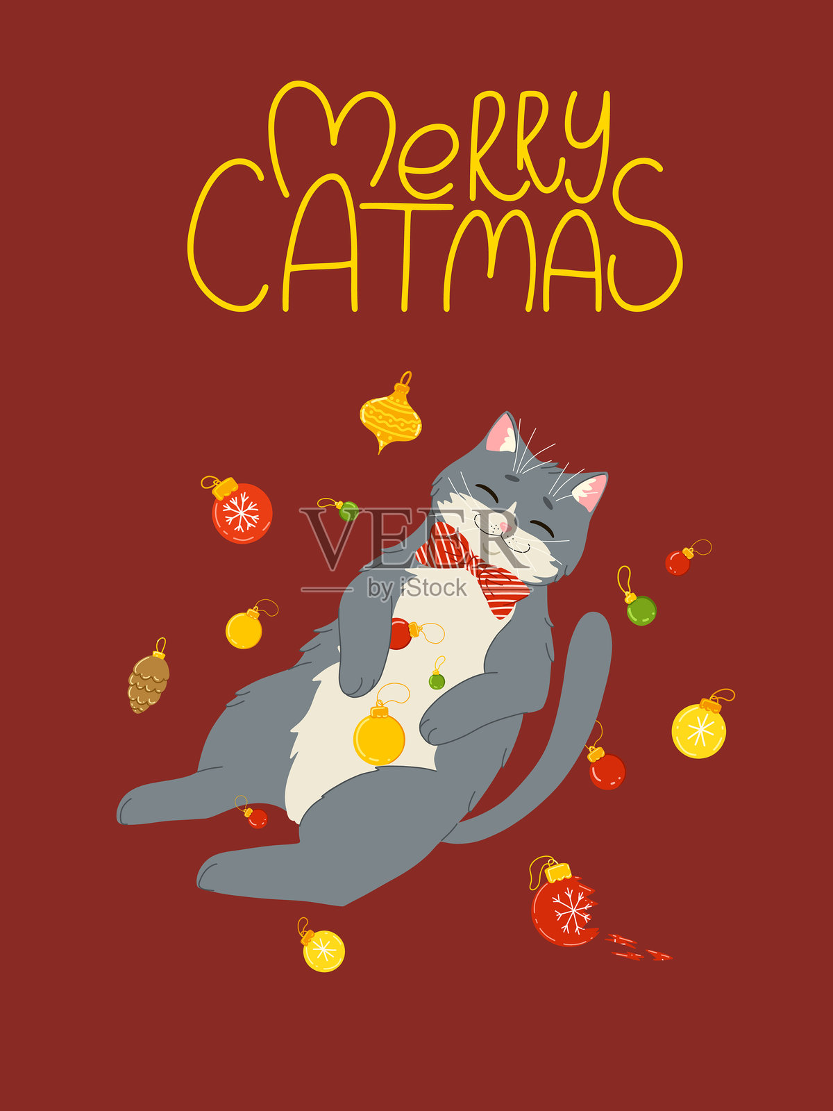 带有搞笑可爱猫咪、圣诞装饰和手写字母的圣诞贺卡插画图片素材